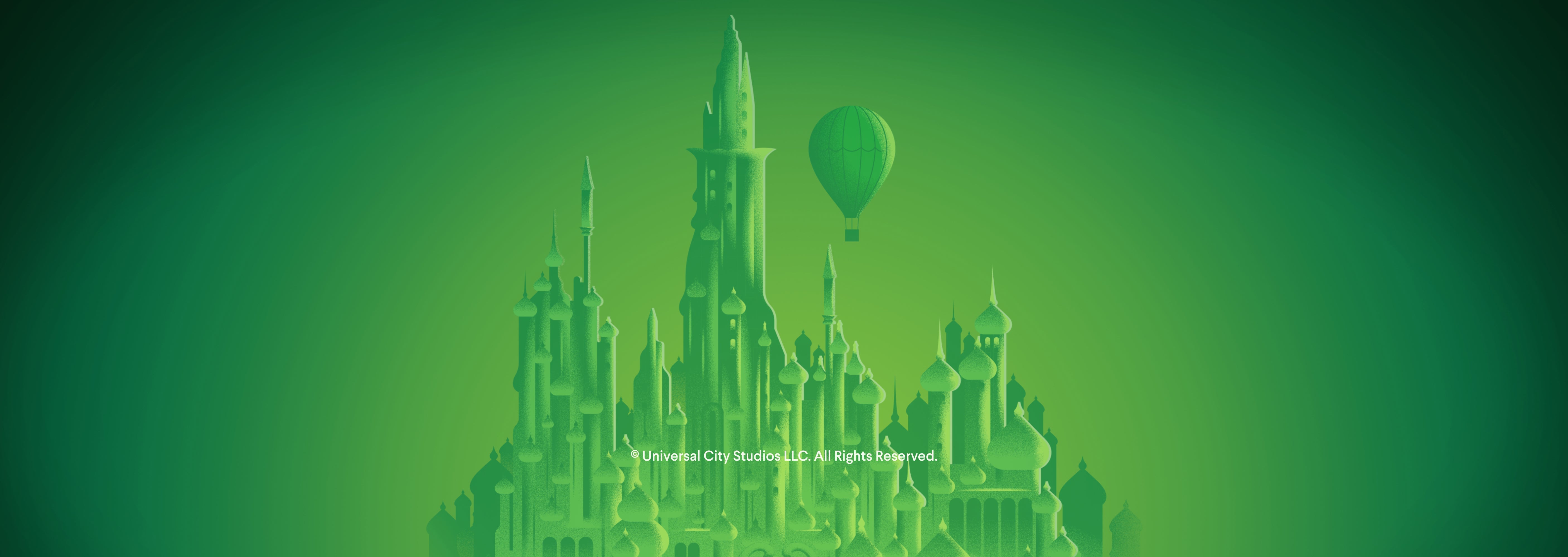 Illustration of a tall emerald-green fantasy city with towers and domes under a green gradient sky. A single green hot air balloon floats above the skyline, evoking the magical Emerald City from The Wizard of Oz.
