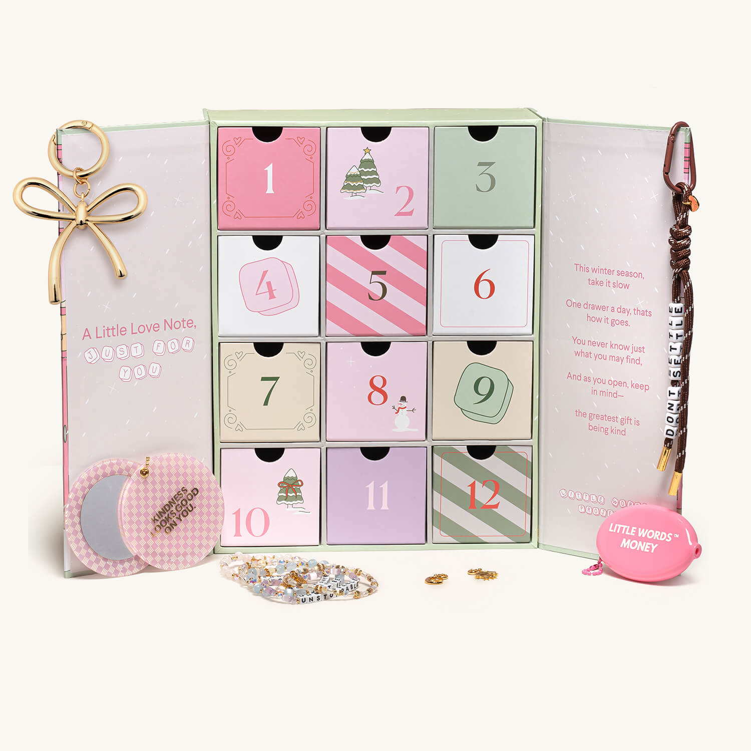 Advent calendar with small items on a white background