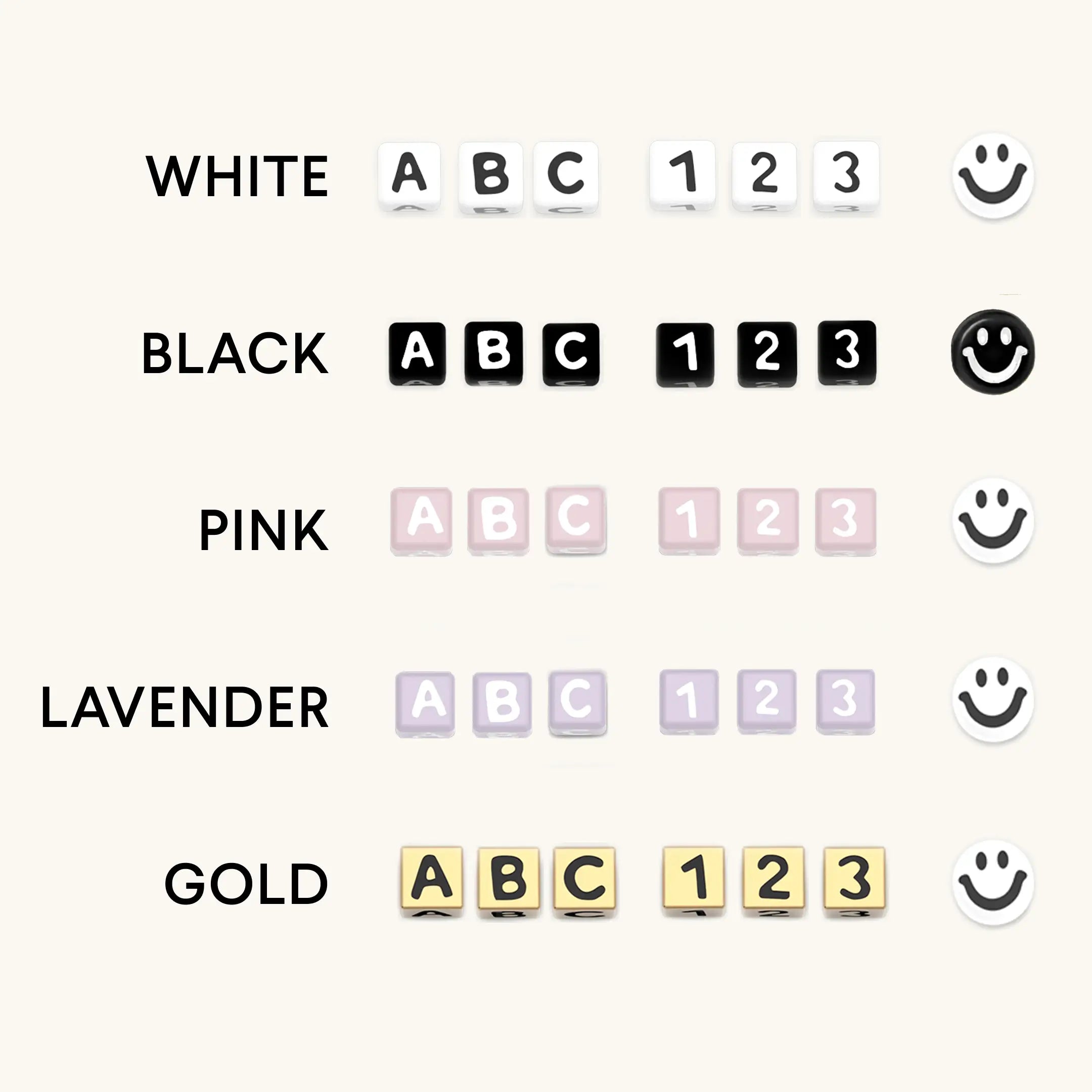 Letter Bead Color Options: White, Black, Pink, Lavender, and Gold