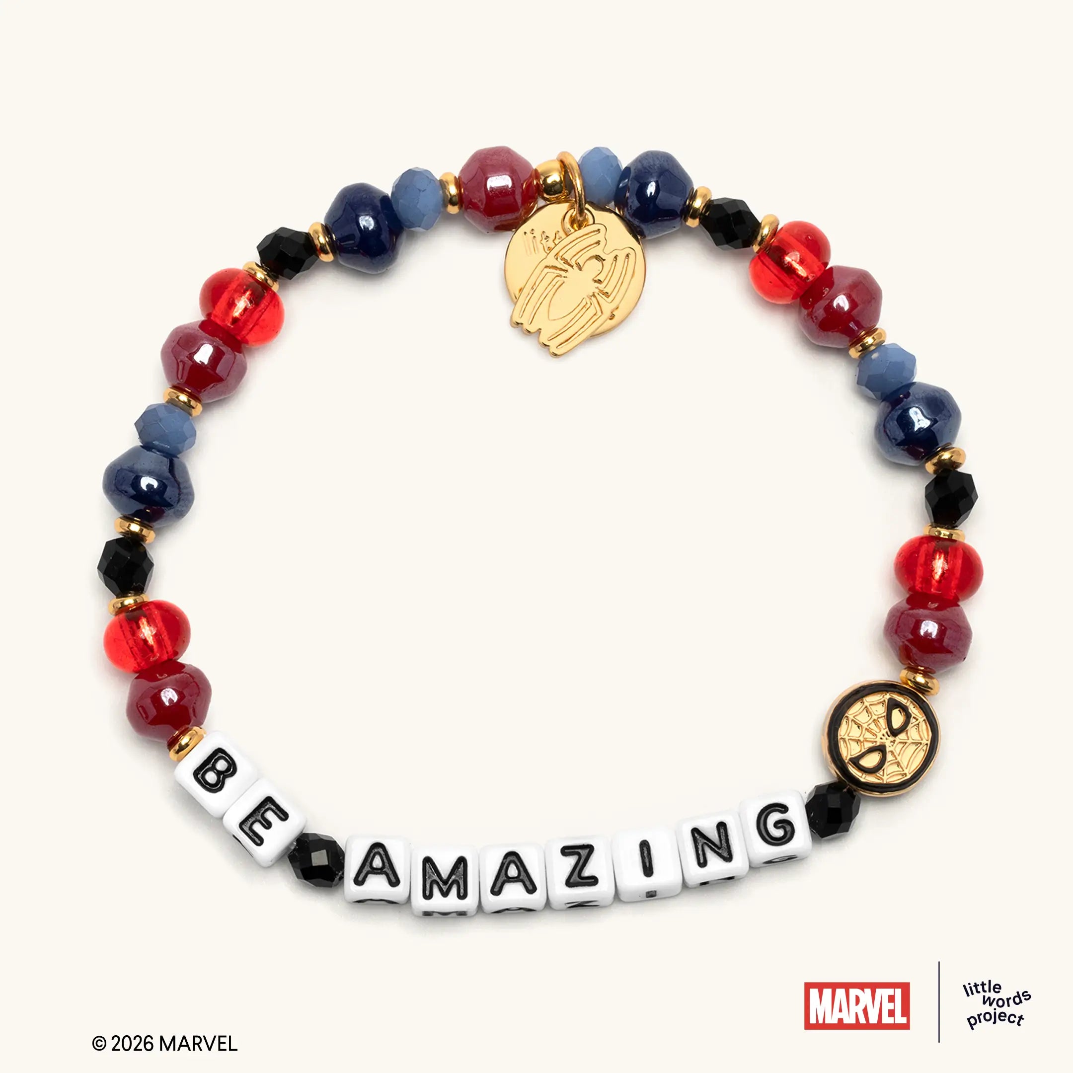 Be Amazing bracelet from Marvel's Spider-Man collection, flat-lay on white background, red, navy blue, and black glass beads with gold Spider-Man enamel casted bead