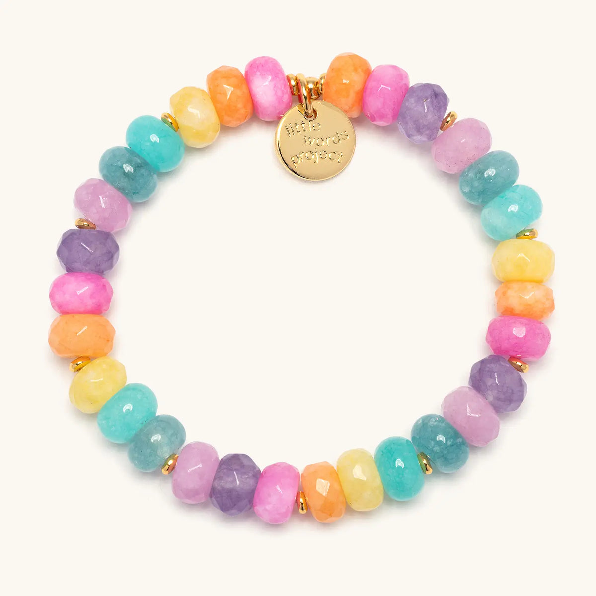Candy Confetti Bracelet Base- Britt Horton in the Candy Confetti bead pattern, faceted semi precious stones in pink, orange, yellow, aqua, teal, and purple with gold accents, flat-lay on cream background