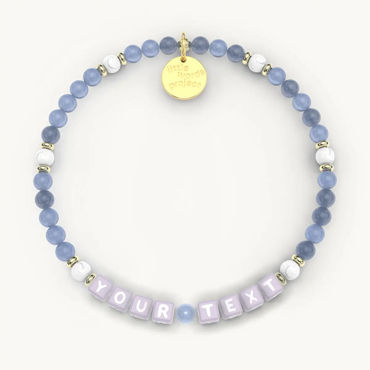 Personalized beaded bracelet with 'YOUR TEXT' on a white background