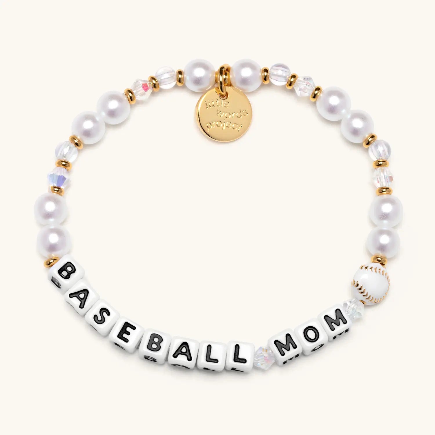 Bracelet with 'BASEBALL MOM' and gold tag on a white background