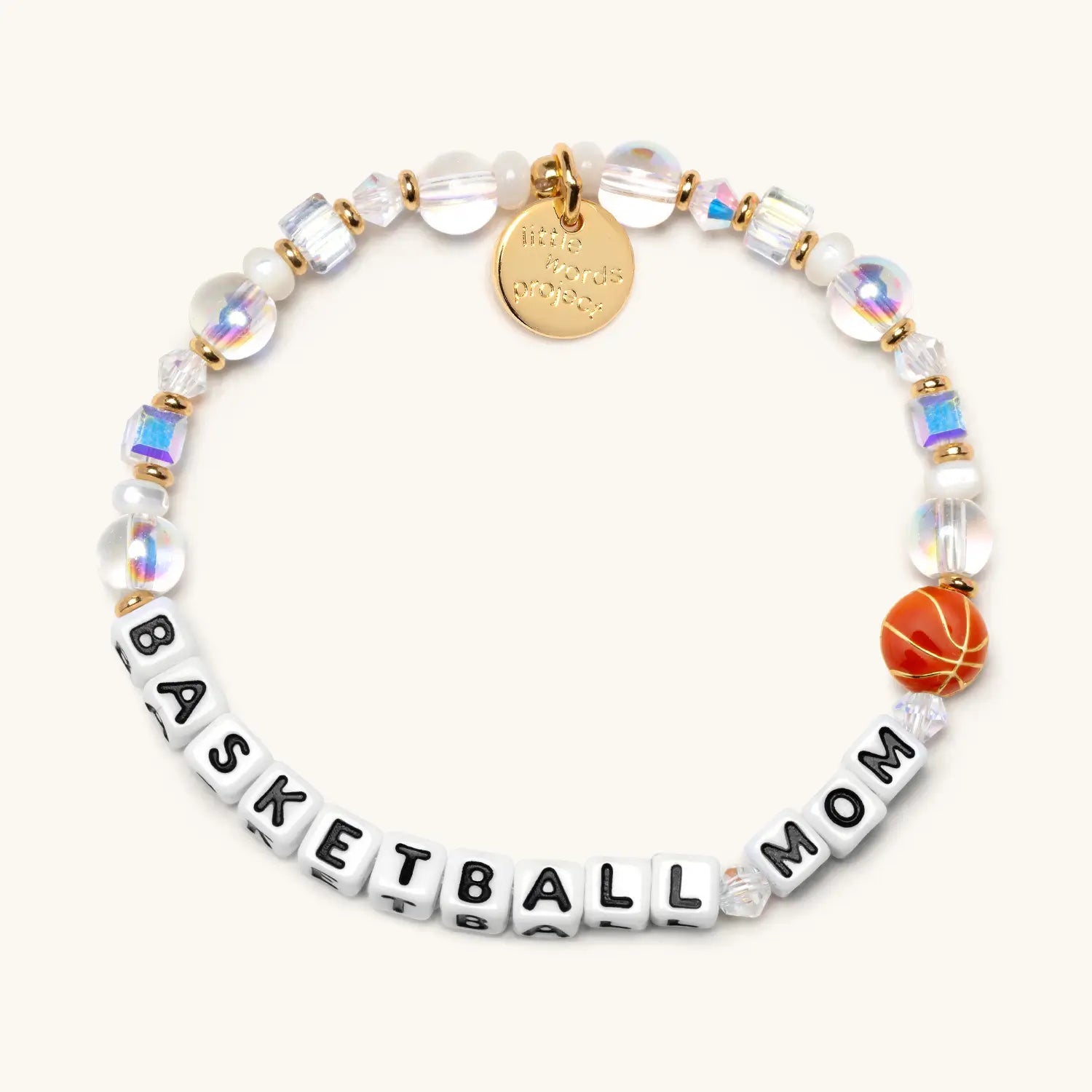 Bracelet with 'Basketball Mom' and basketball bead on a white background
