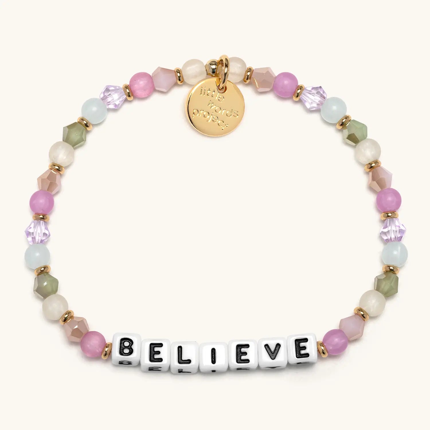 Multicolored beaded bracelet with 'BELIEVE' on a white background