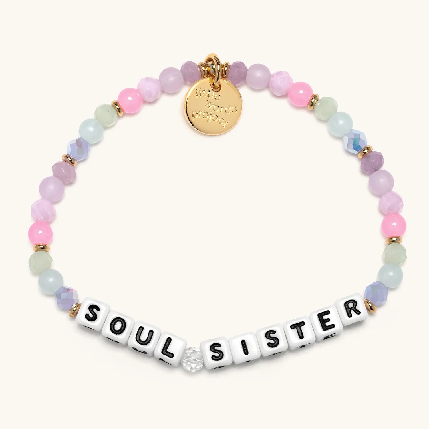 Colorful beaded bracelet with 'Soul Sister' on a white background
