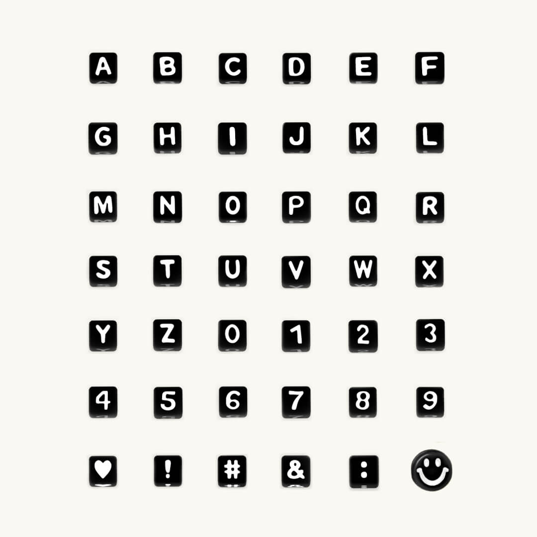 Black letters, numbers, and symbols