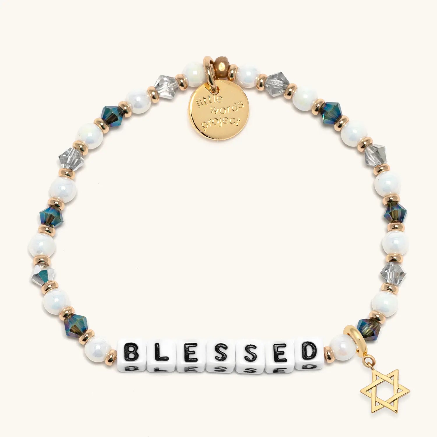 Bracelet with 'BLESSED' and various beads on a white background