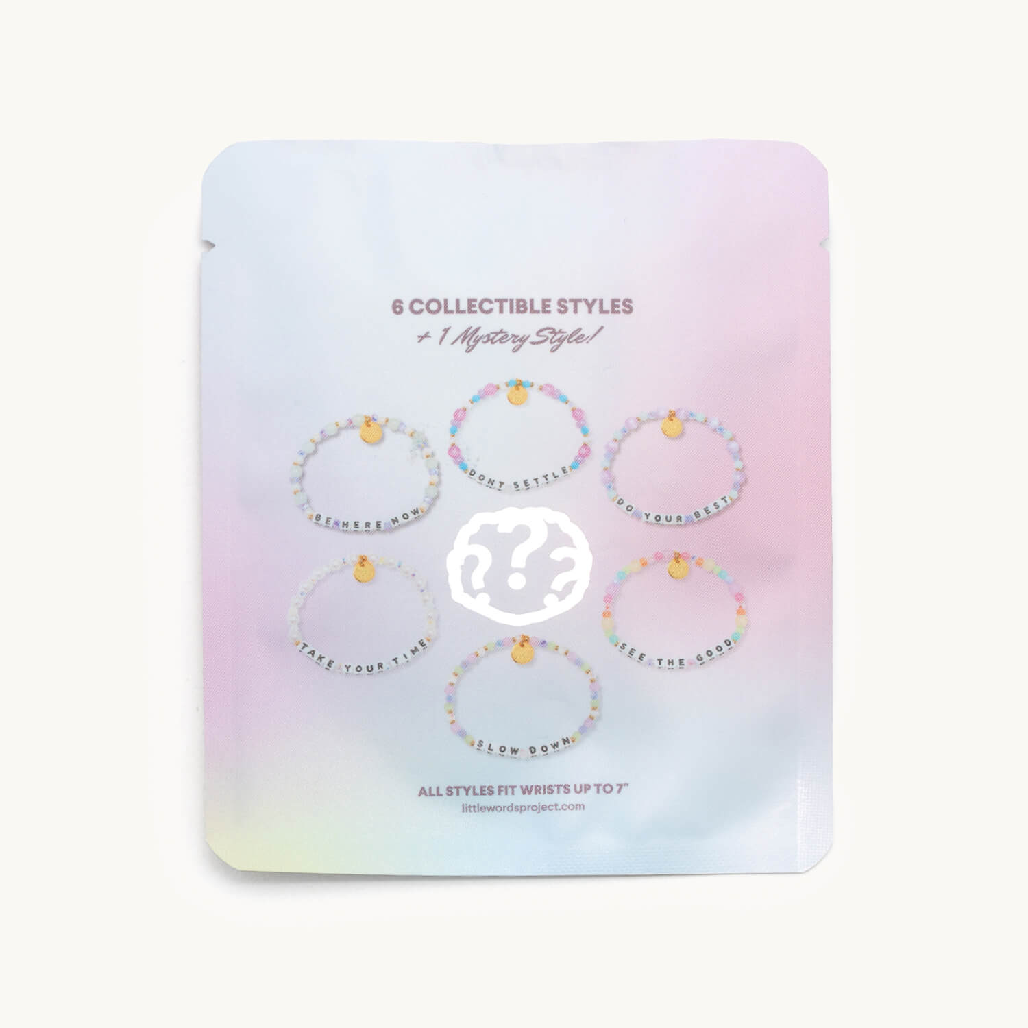 Set of five collectible bracelets on a pastel gradient card with a brand logo.