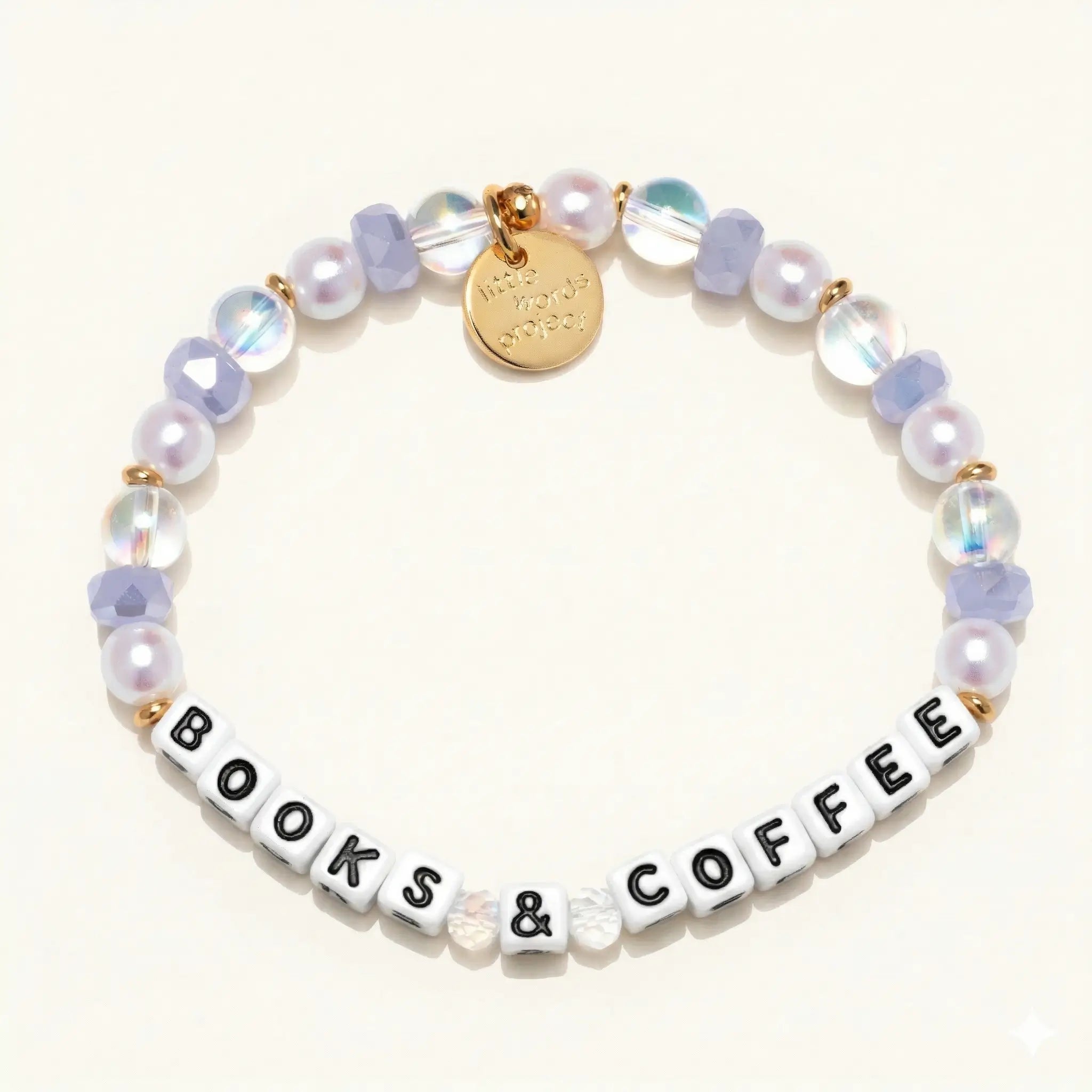 Bracelet with 'Books & Coffee' beads on a white background