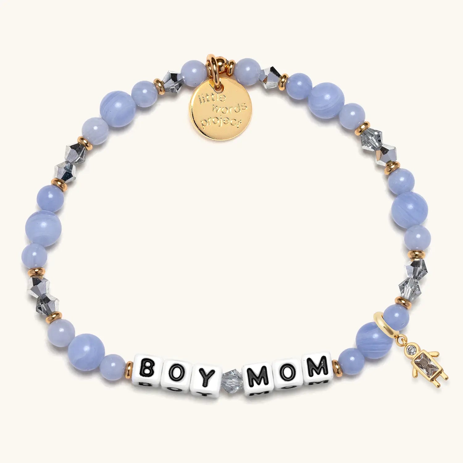 Bracelet with 'BOY MOM' and blue beads on a white background