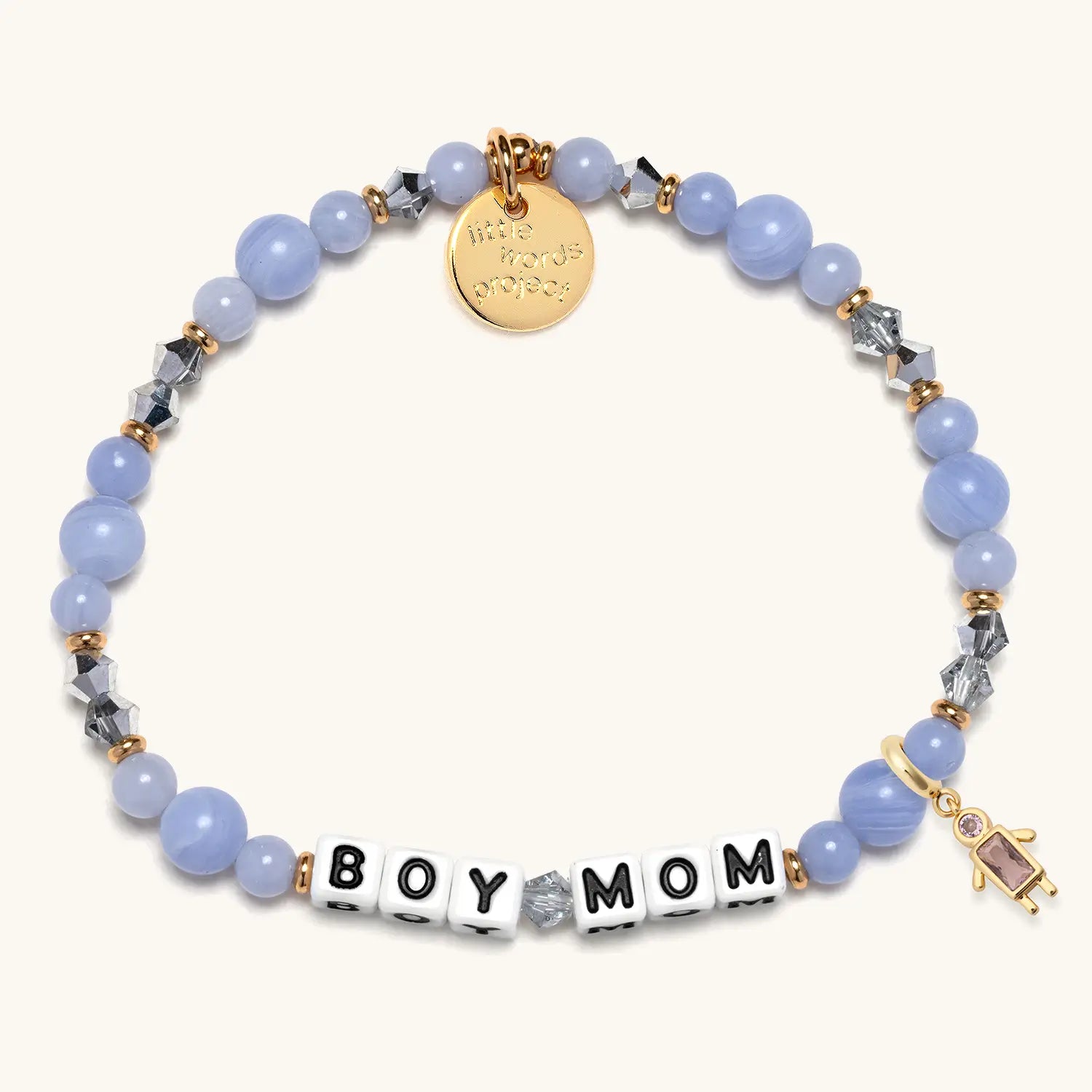 Bracelet with 'BOY MOM' and blue beads on a white background