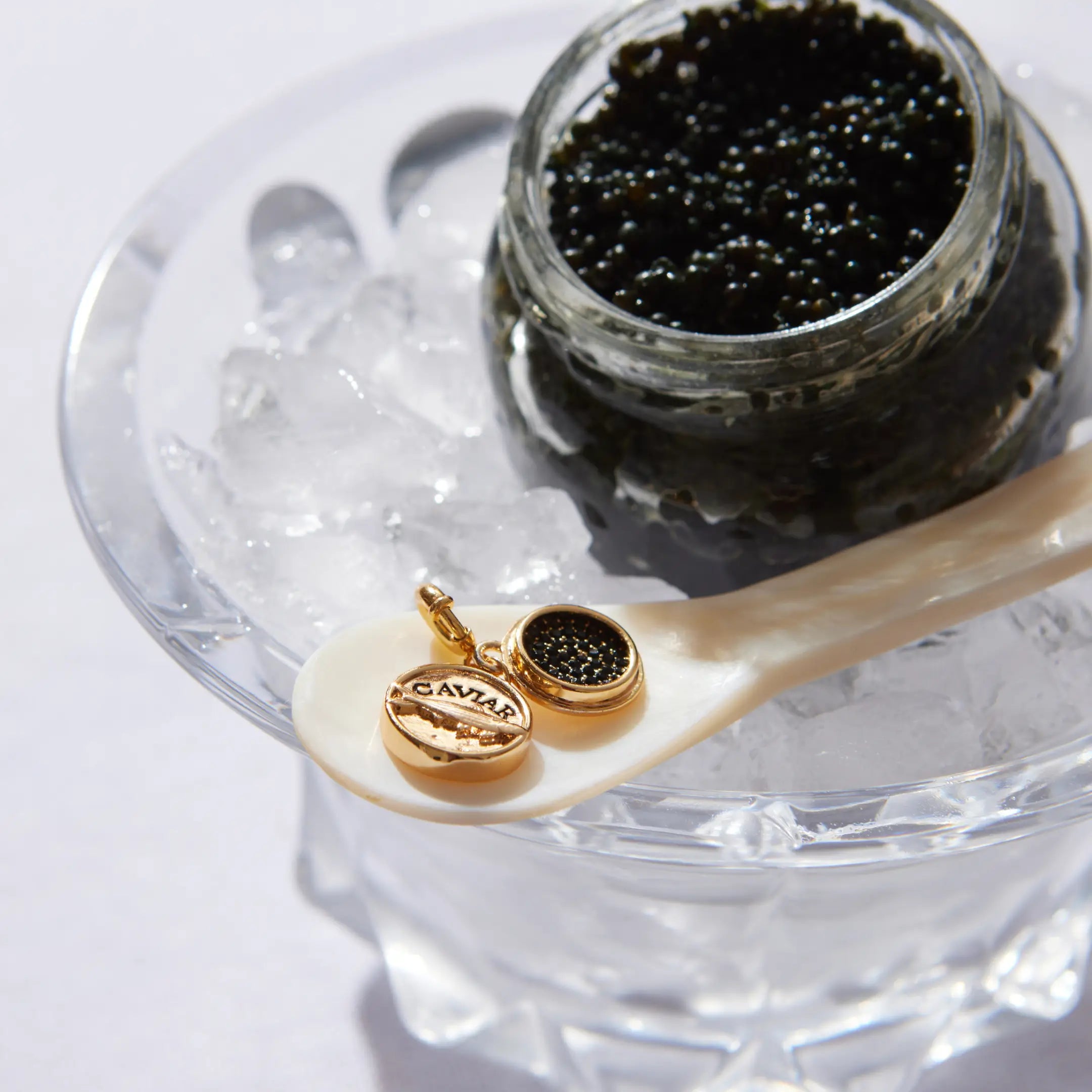 Jar of caviar with a gold spoon on ice