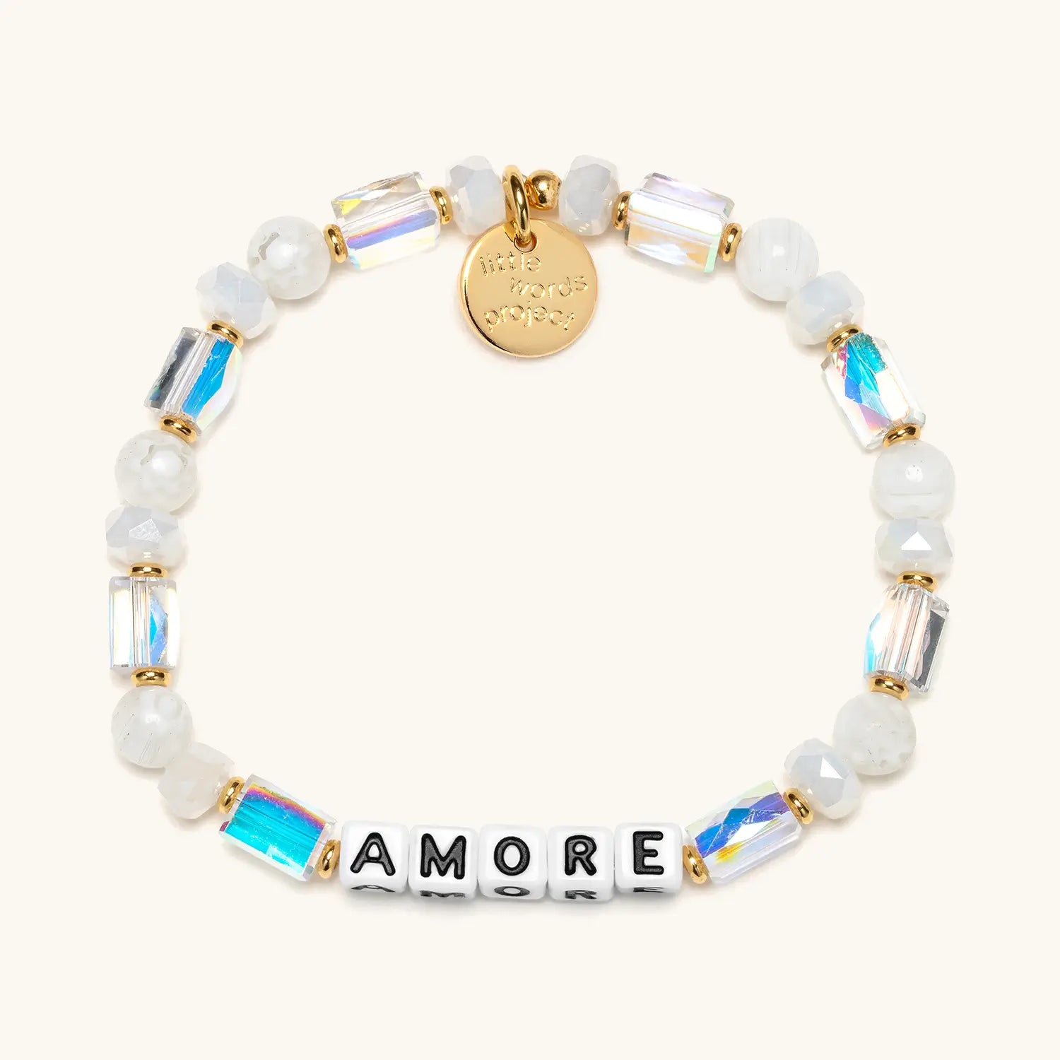 Bracelet with beads and 'AMORE' on a white background