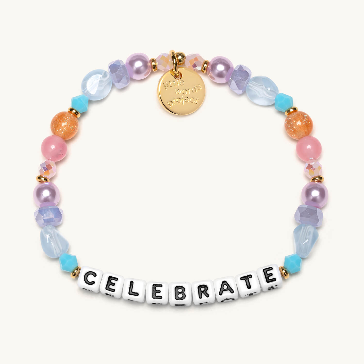 Colorful beaded bracelet with 'CELEBRATE' word on a white background