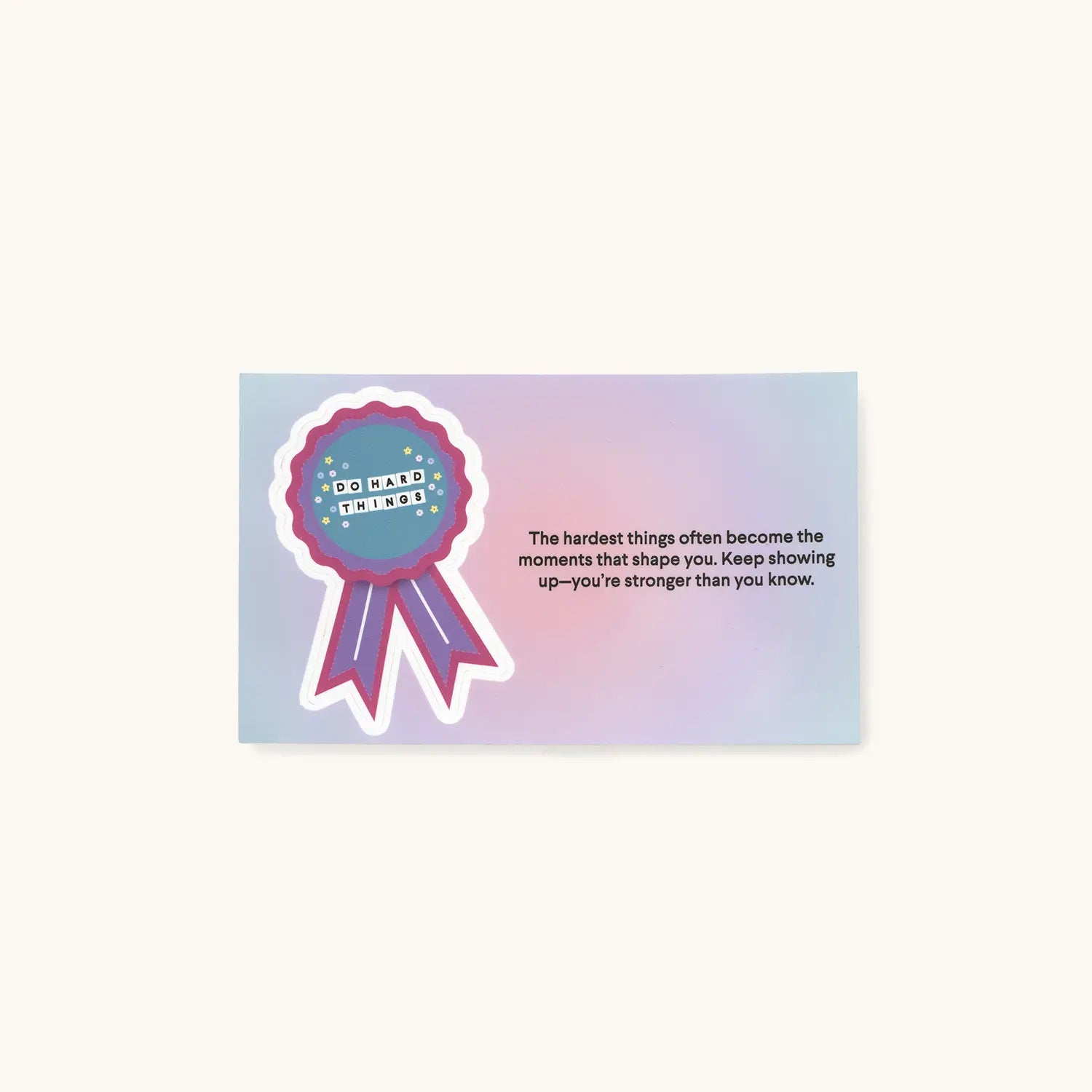 Do Hard Things September Word of the Month card with a pink and purple award ribbon illustration and an encouraging message about showing up