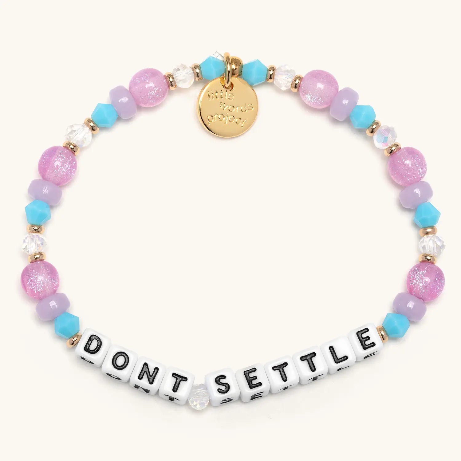 Colorful beaded bracelet with 'DON'T SETTLE' word on a white background