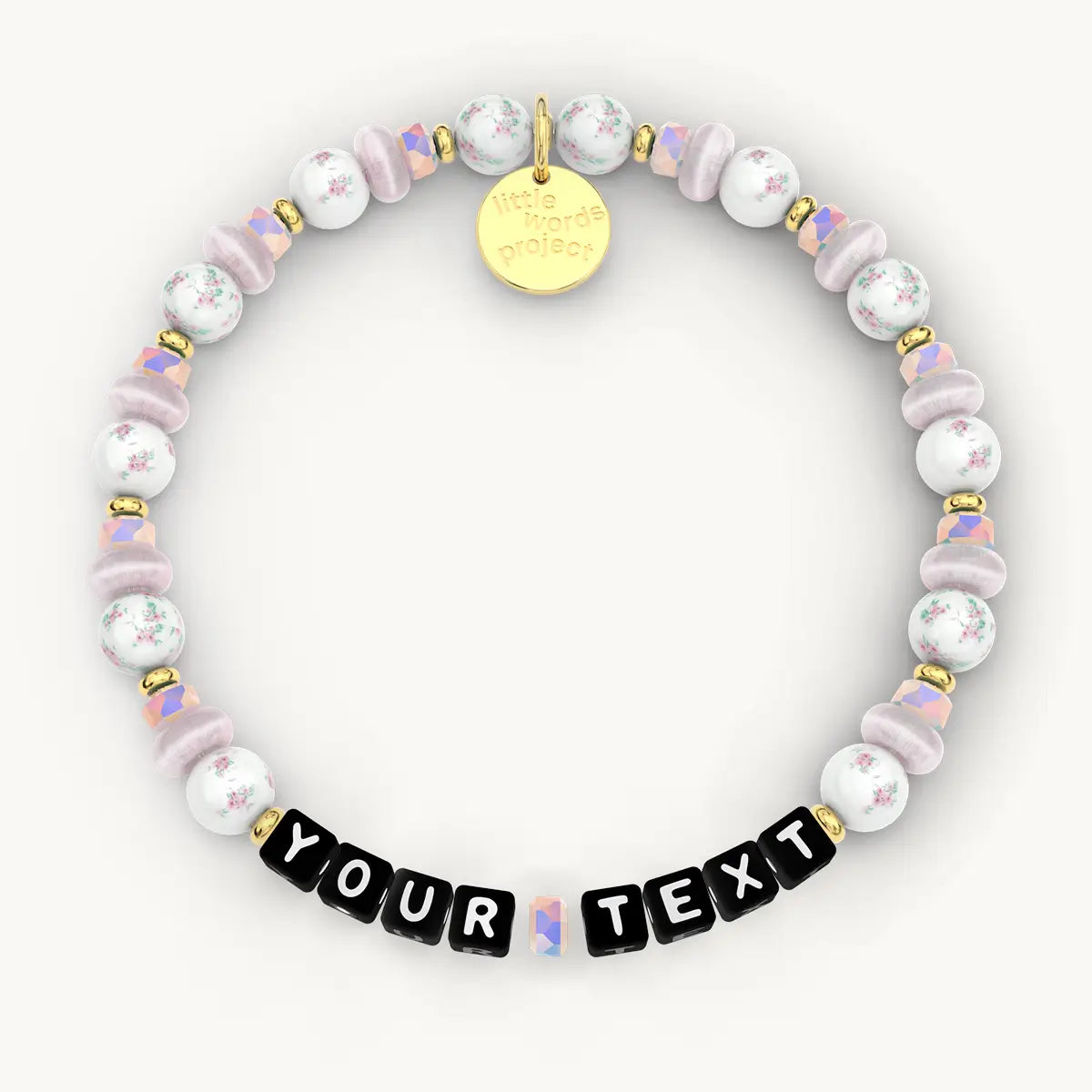 Personalized beaded bracelet with 'Your Text' on a white background
