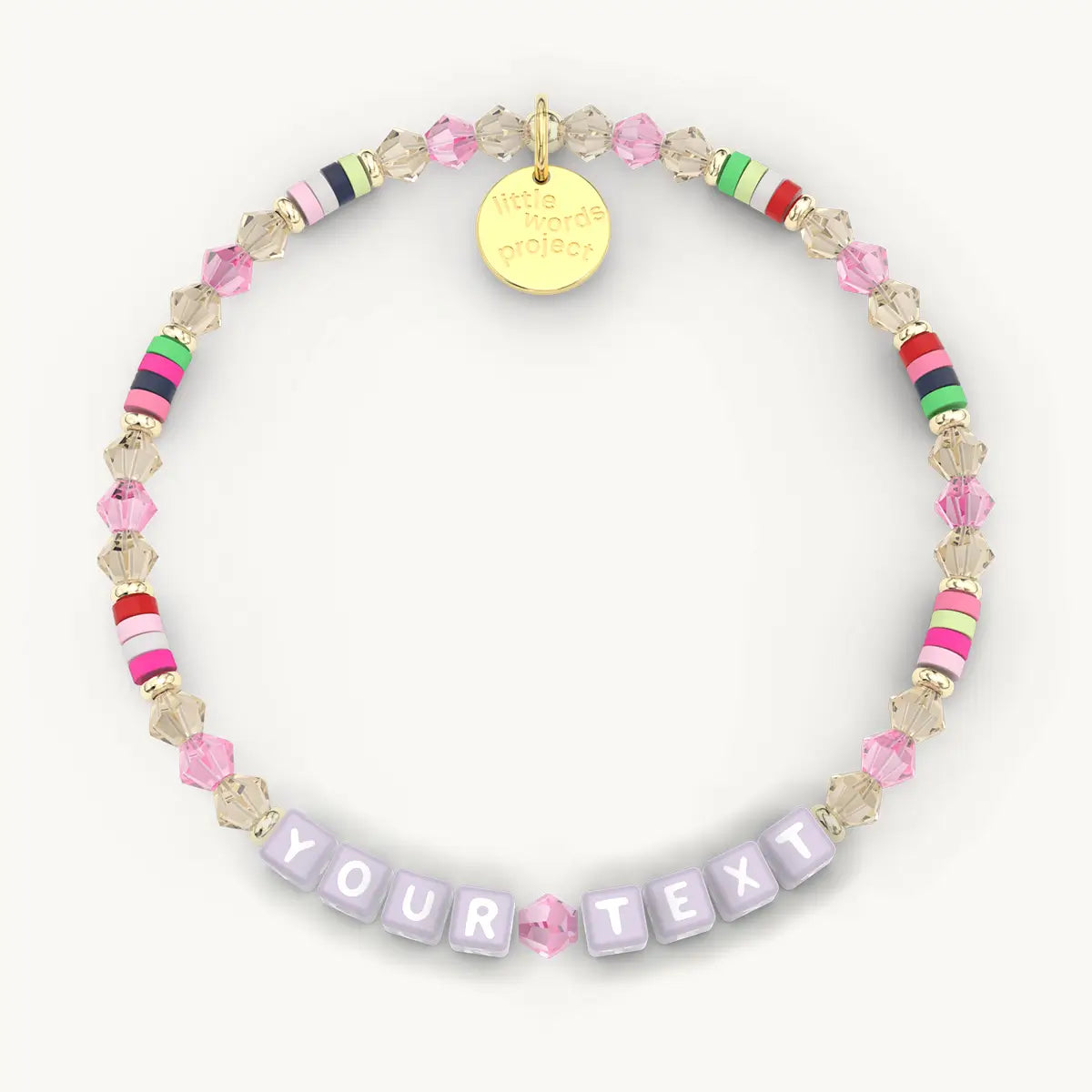 Colorful beaded bracelet with customizable text on a white background