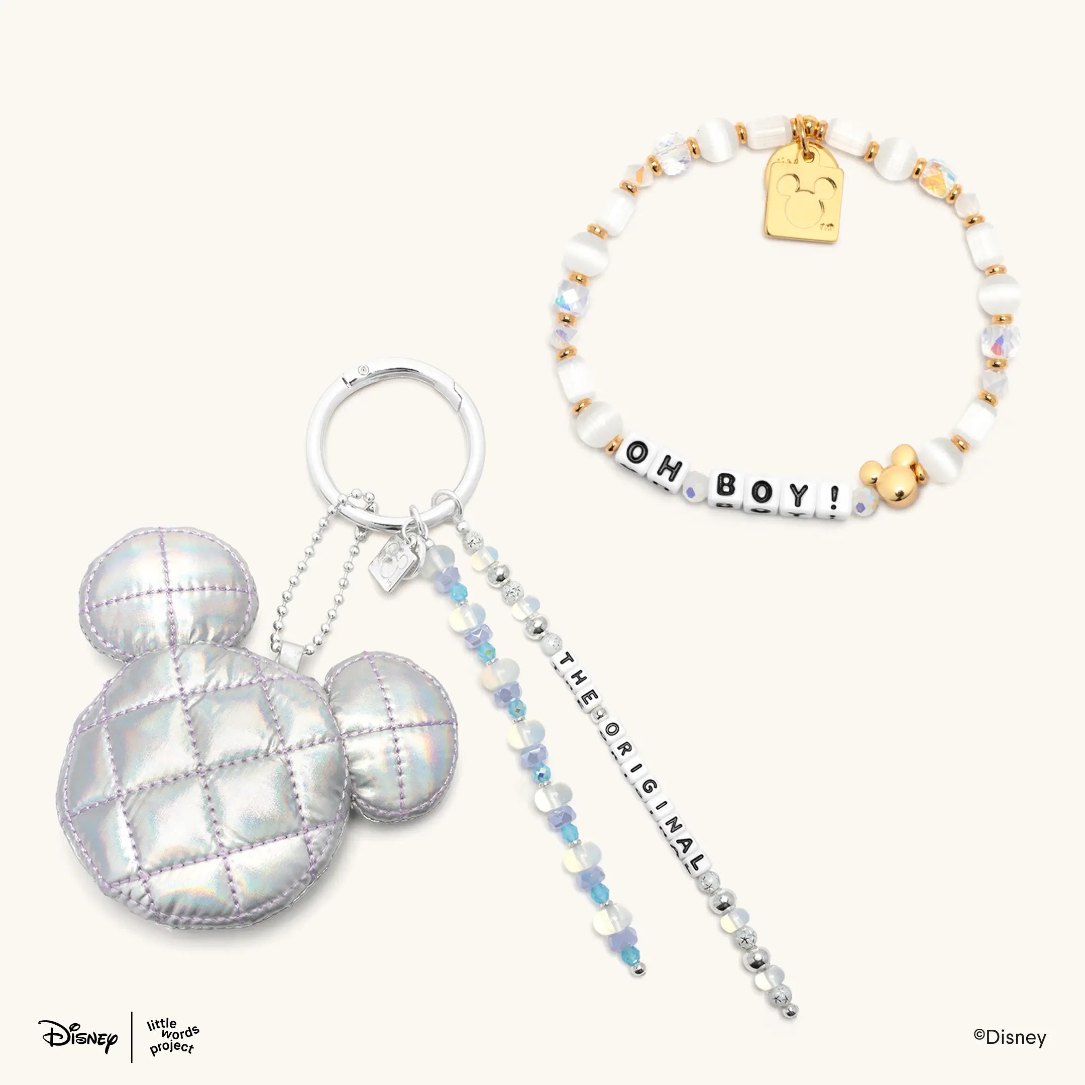 OG Magic Set from Disney Mickey and Friends on cream, The OG Bag Charm shown with the Oh Boy! beaded bracelet