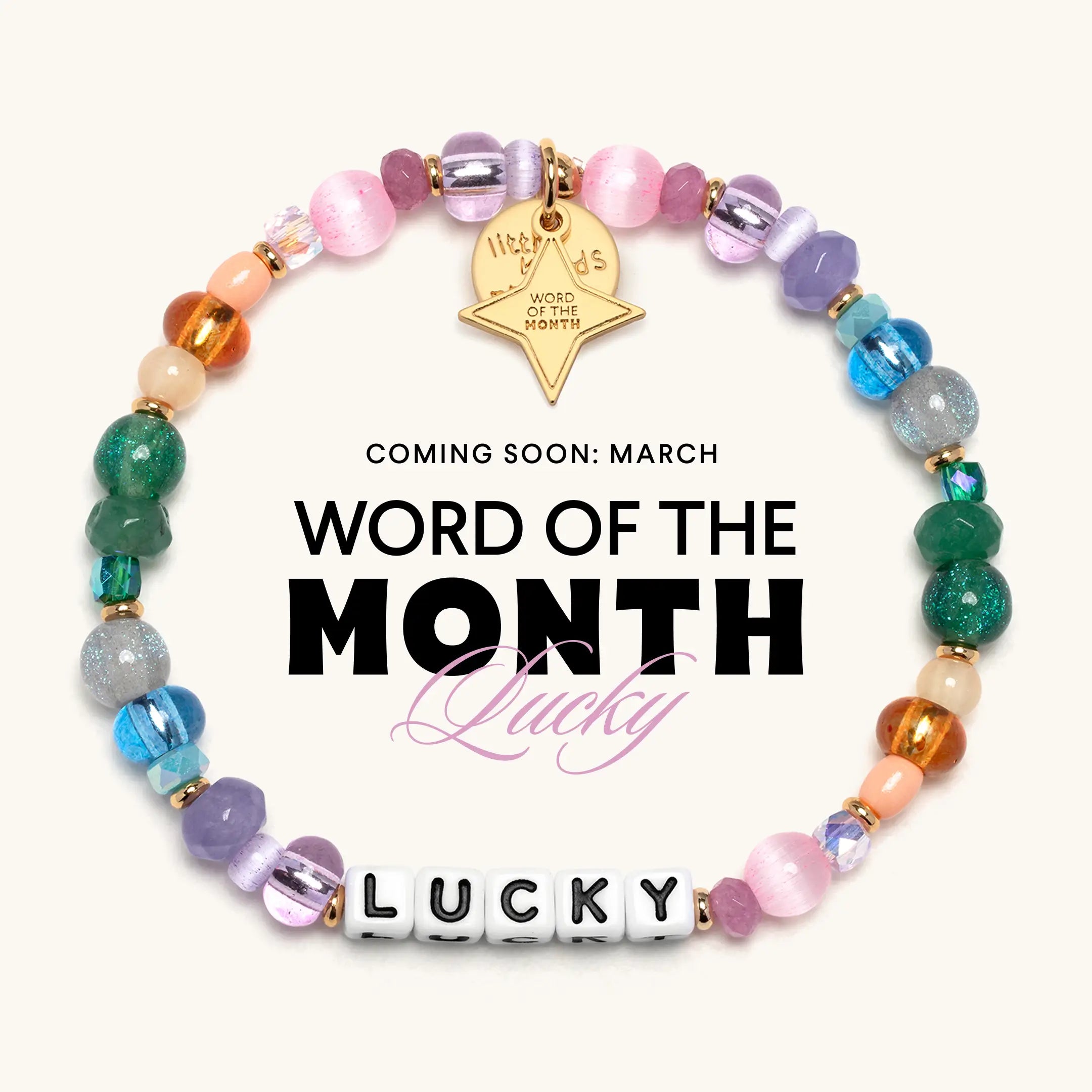 Colorful beaded bracelet on a white background, featuring text about 'Word of the Month'.
