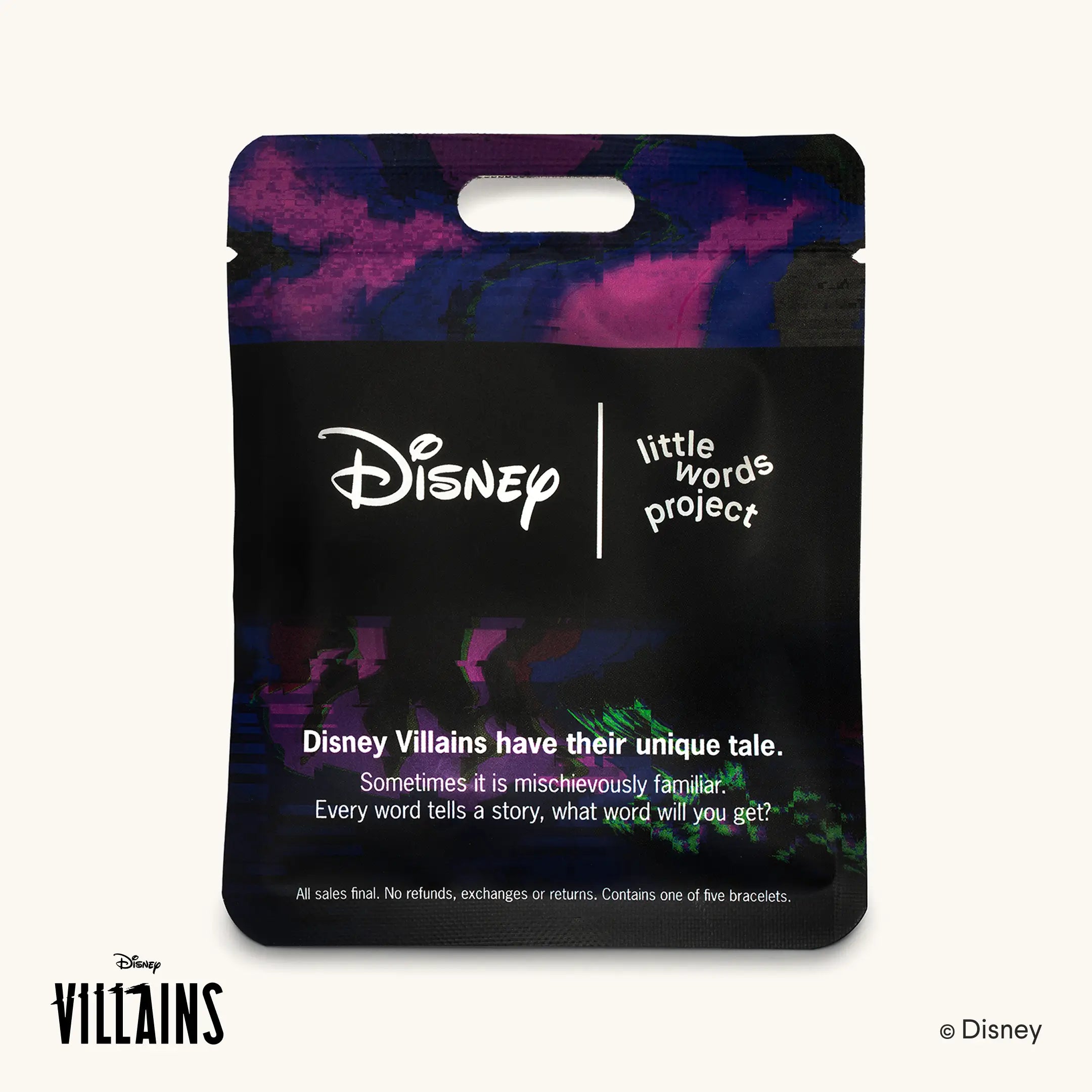 Front of the Disney Villains Blind Bag packaging, a black foil pouch with purple, magenta and green glitch artwork, Disney and Little Words Project logos, and text reading Disney Villains have their unique tale.
