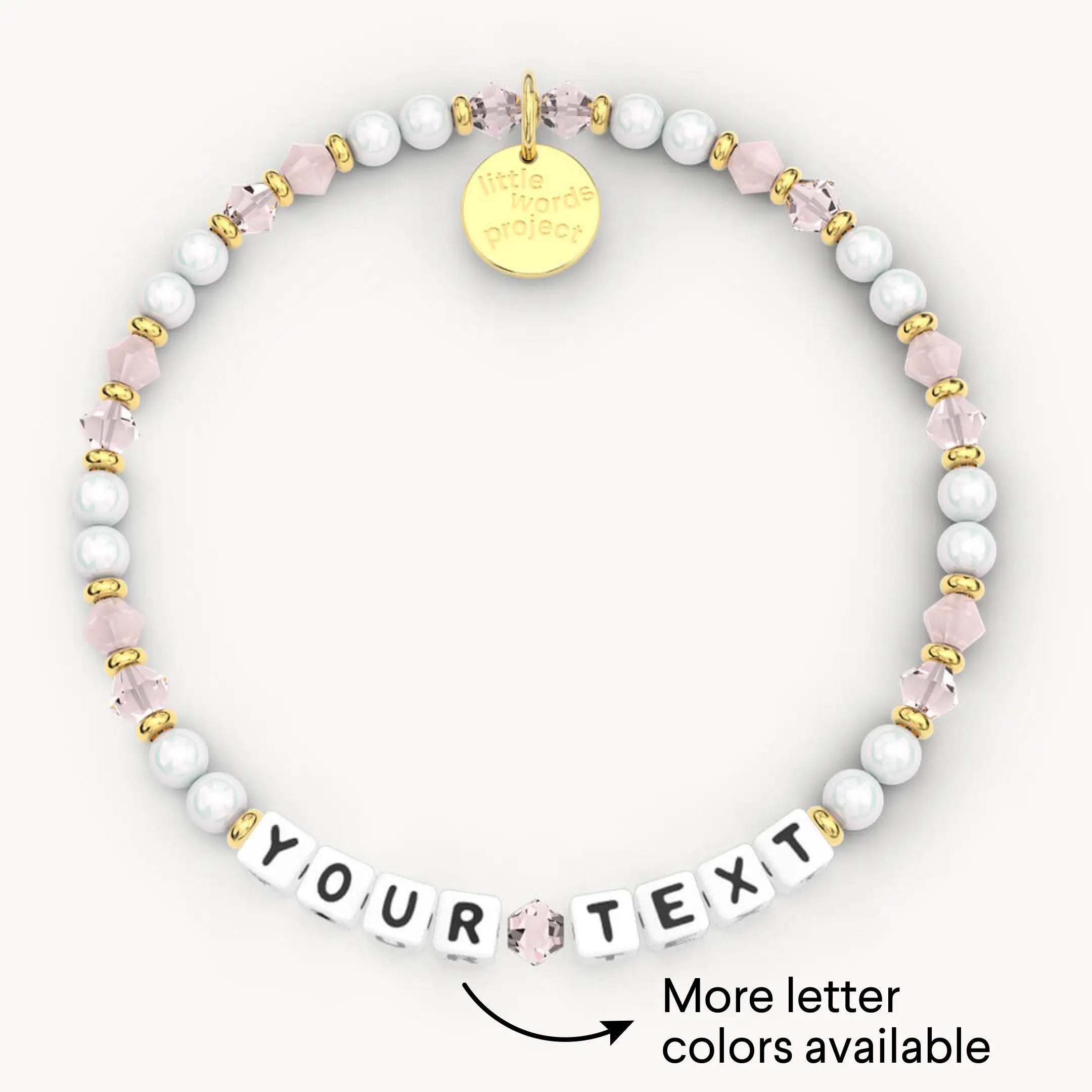 Personalized beaded bracelet with customizable text on a white background