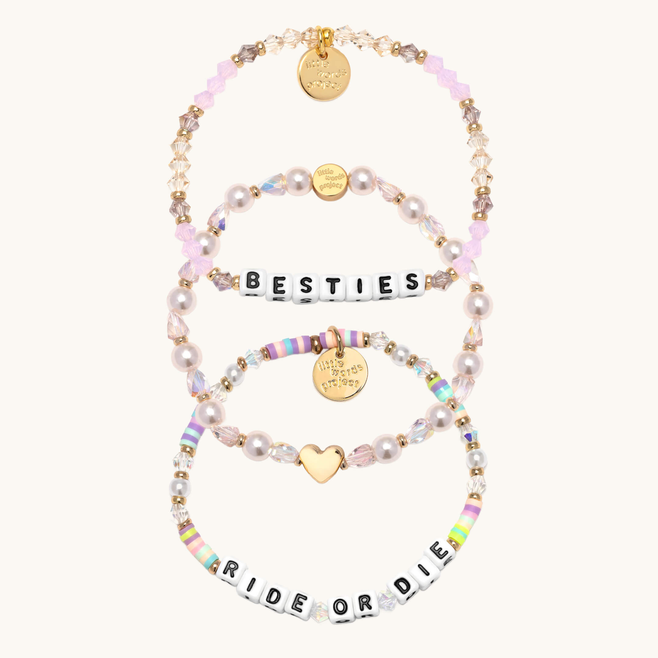 Set of beaded bracelets with 'BESTIES' and 'RIDE OR DIE' text on a white background