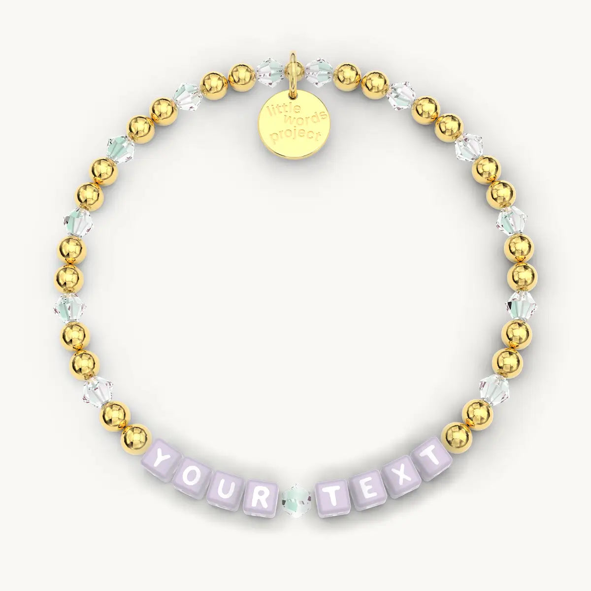 Bracelet with gold beads and 'YOUR TEXT' letters on a white background