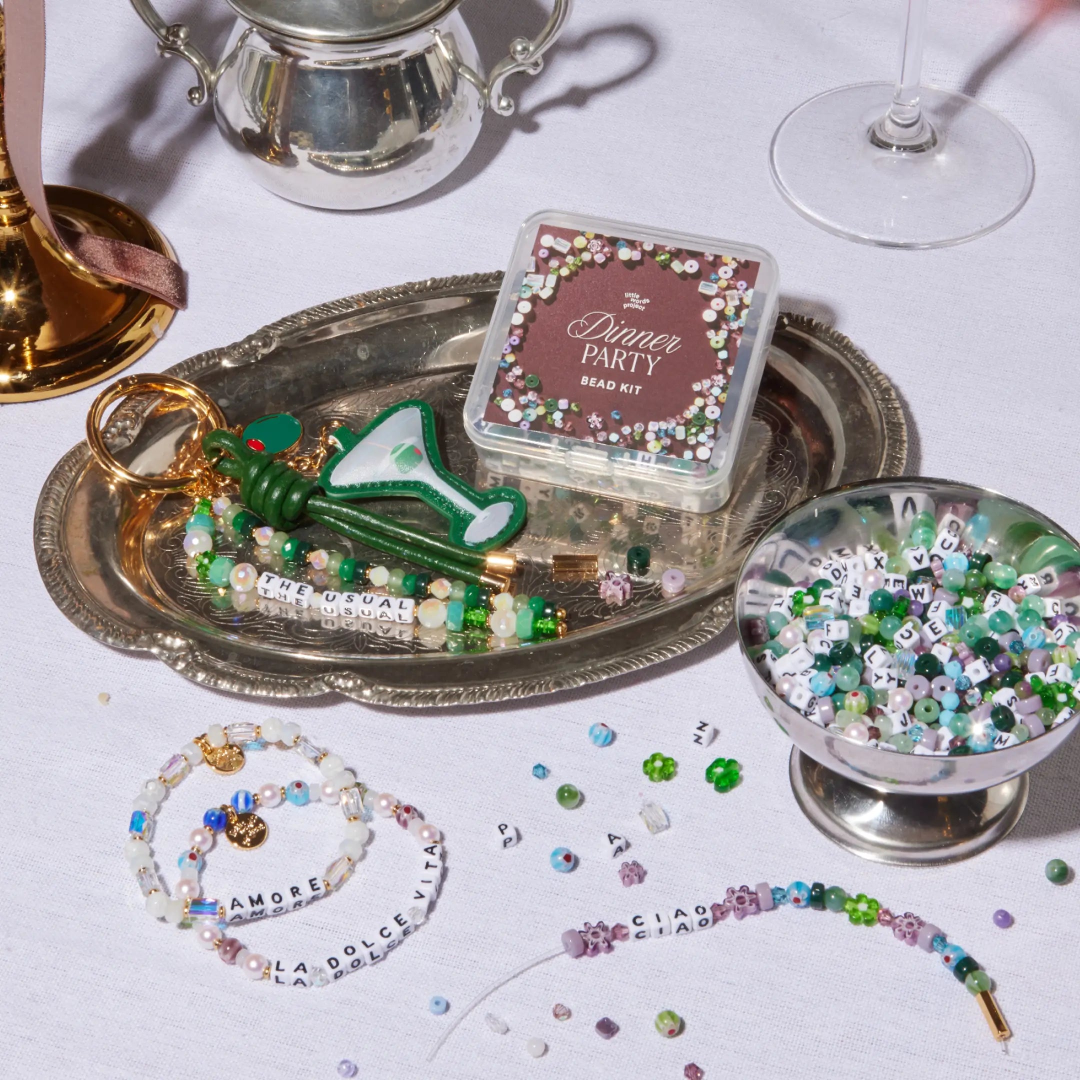 Bead kit with beads on a white surface