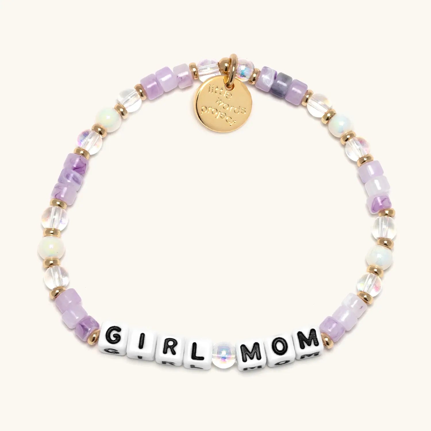 Bracelet with pastel beads and 'GIRL MOM' charm on a white background