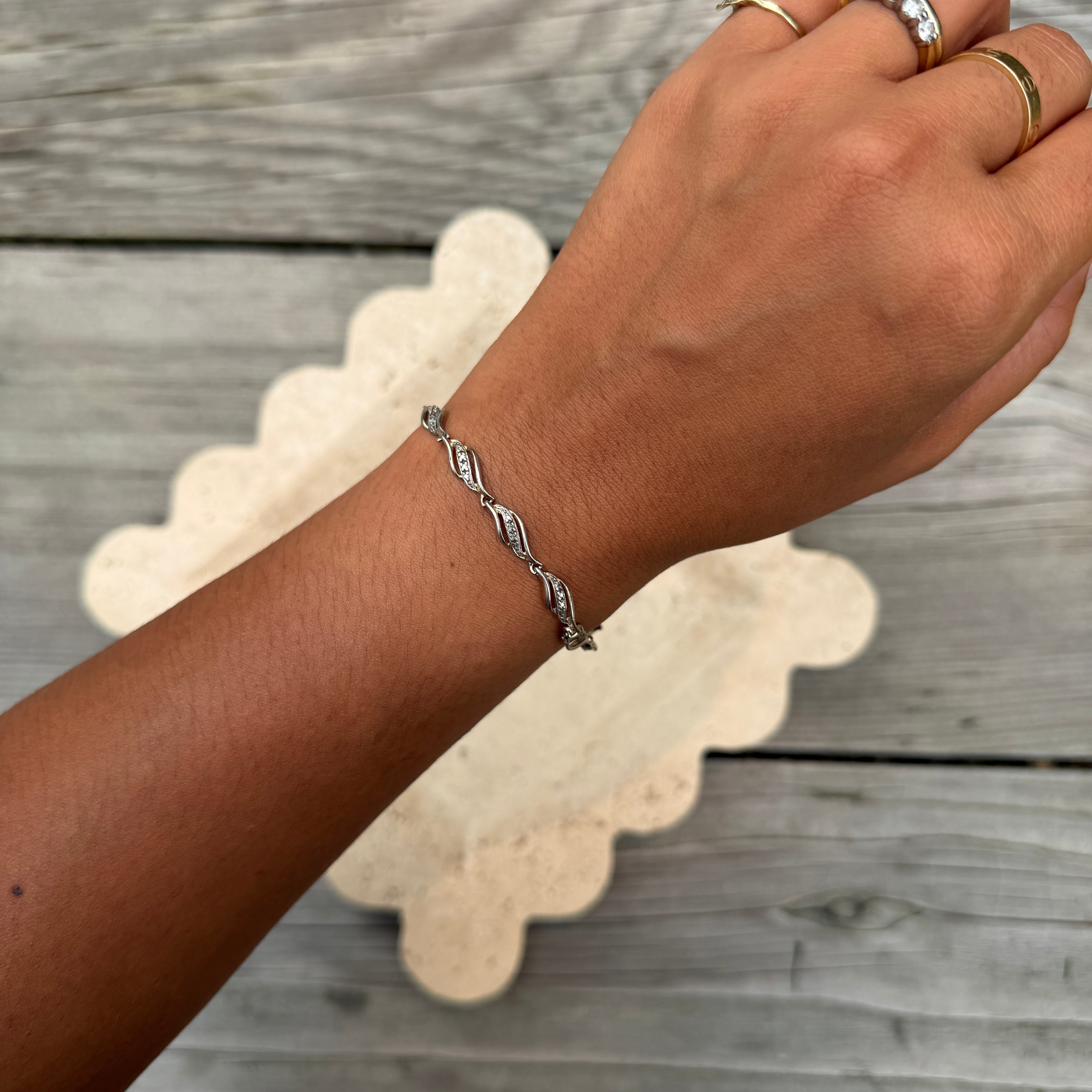 Sterling Silver Wave Bracelet with Tiny Diamond Chips