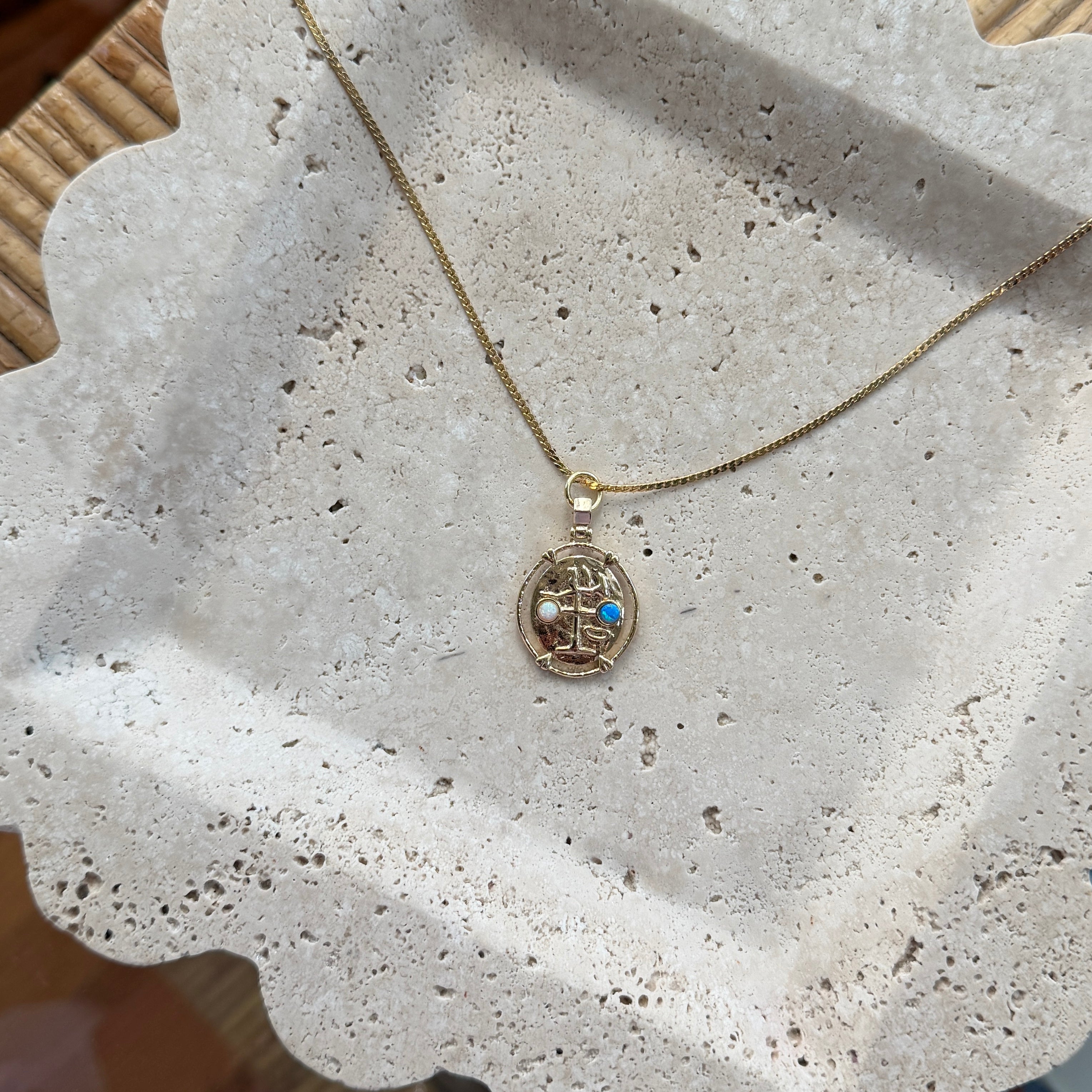Coin Cross Pendant Necklace with Opal Accents
