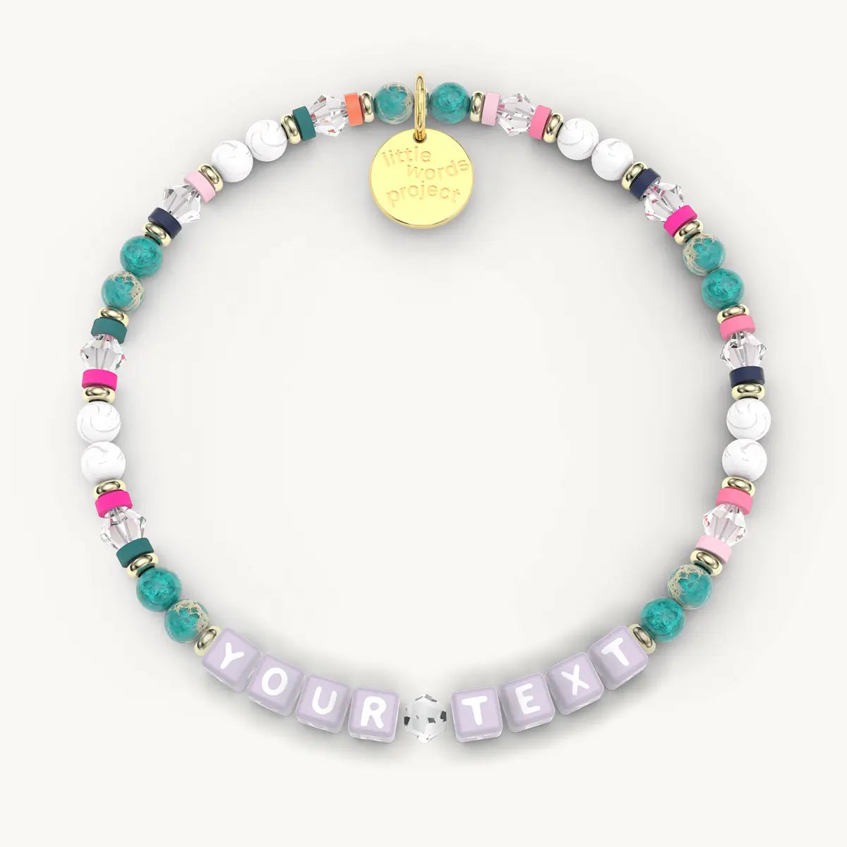 Colorful beaded bracelet with customizable text charm on a white background