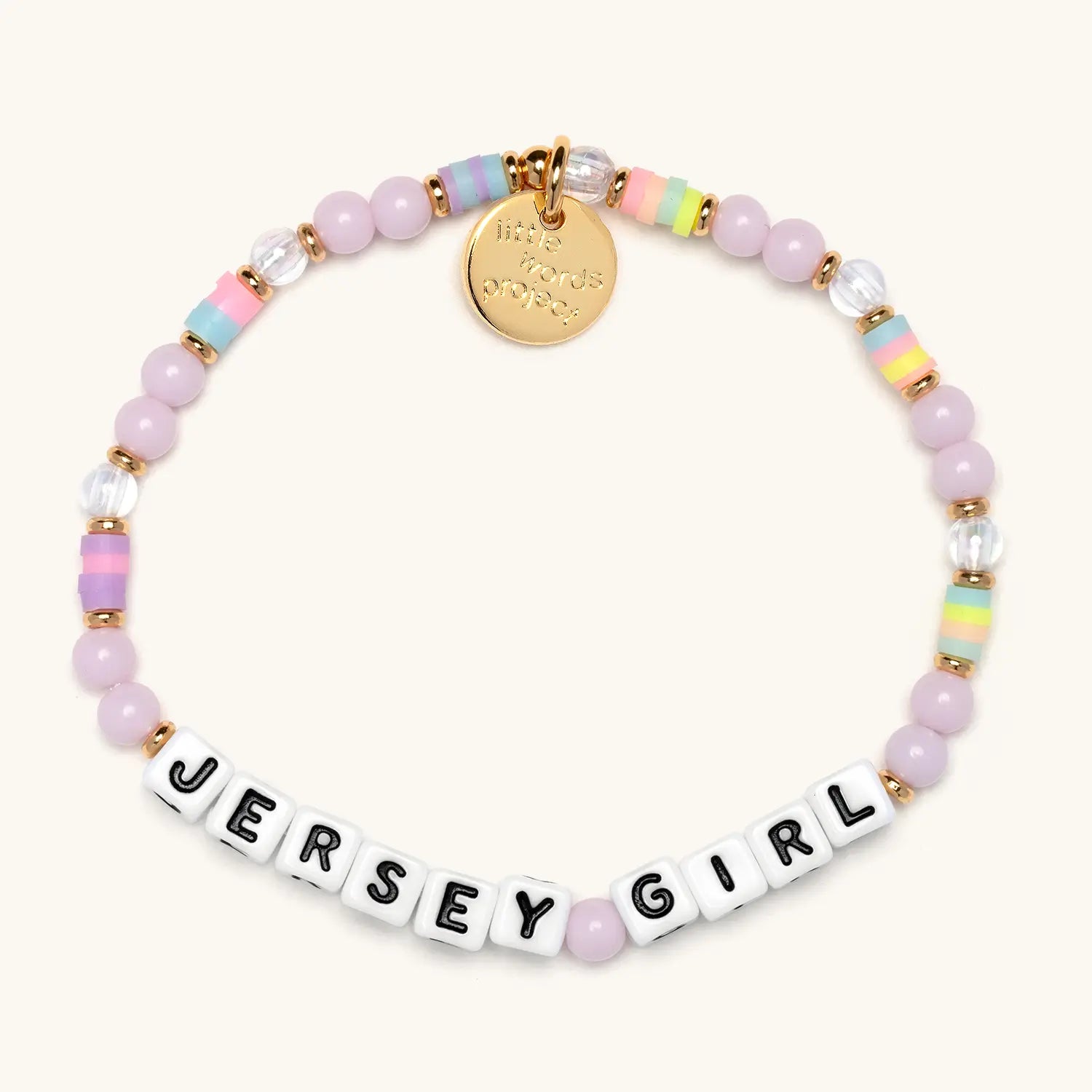 Colorful beaded bracelet with 'Jersey Girl' on a white background