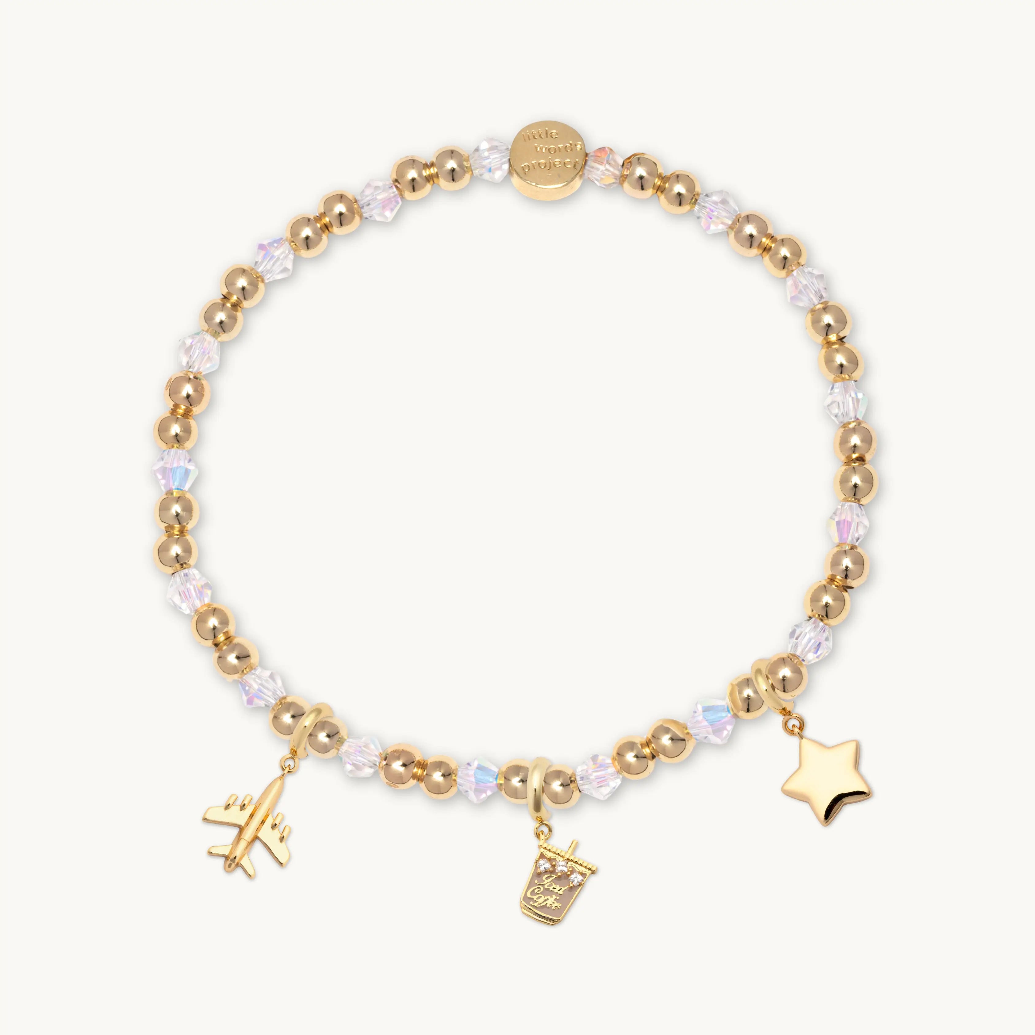 Bracelet with airplane, iced coffee, and star charm