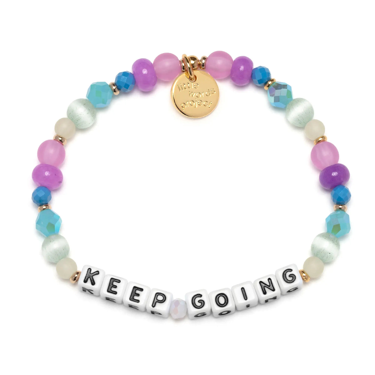 Keep Going beaded bracelet in the Soft Layers pattern with white letter beads, pink, purple, blue, aqua crystal, and mint green beads, gold spacers, and a gold Little Words Project tag