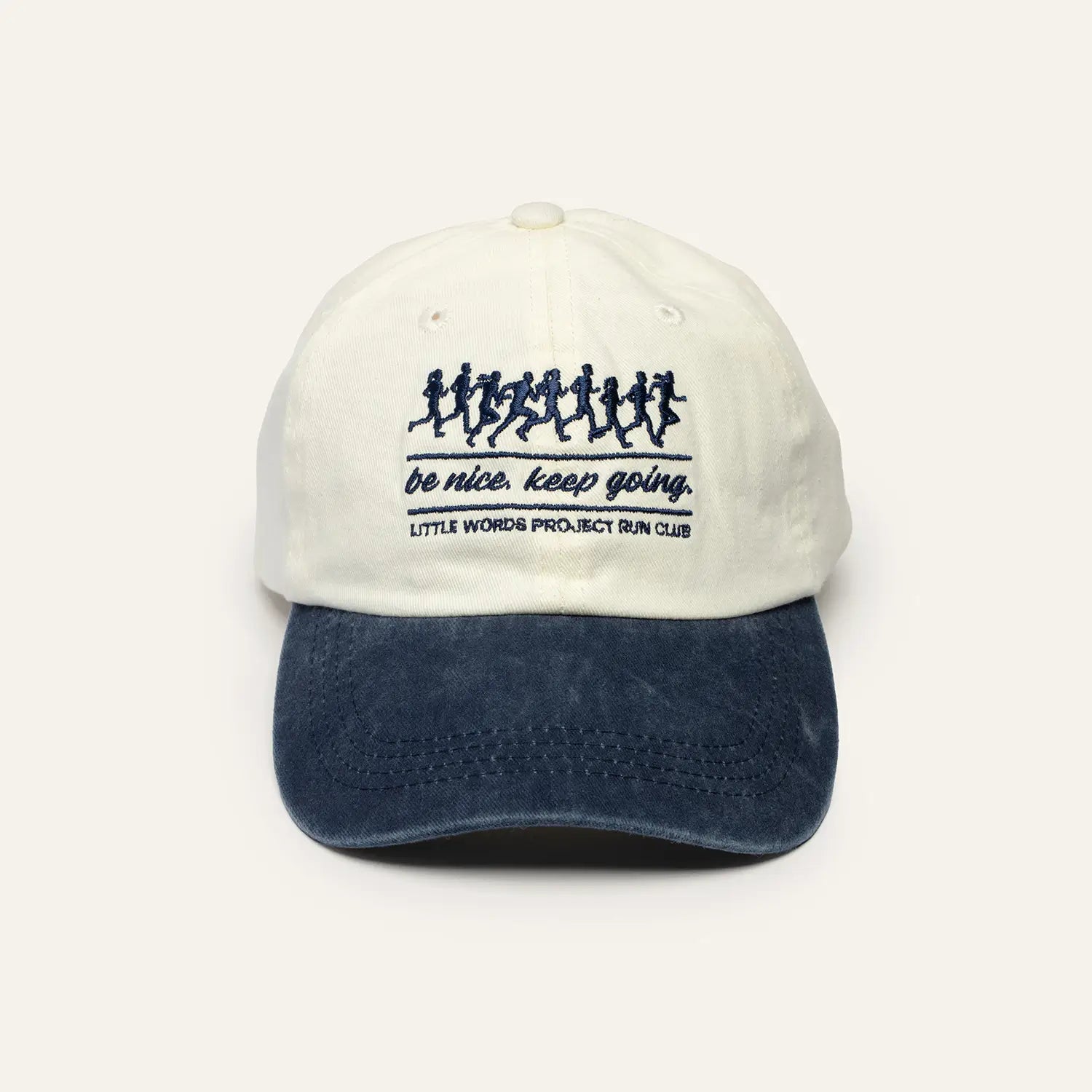 Little Words Project Be Nice Keep Going Hat, front view showing embroidery detail