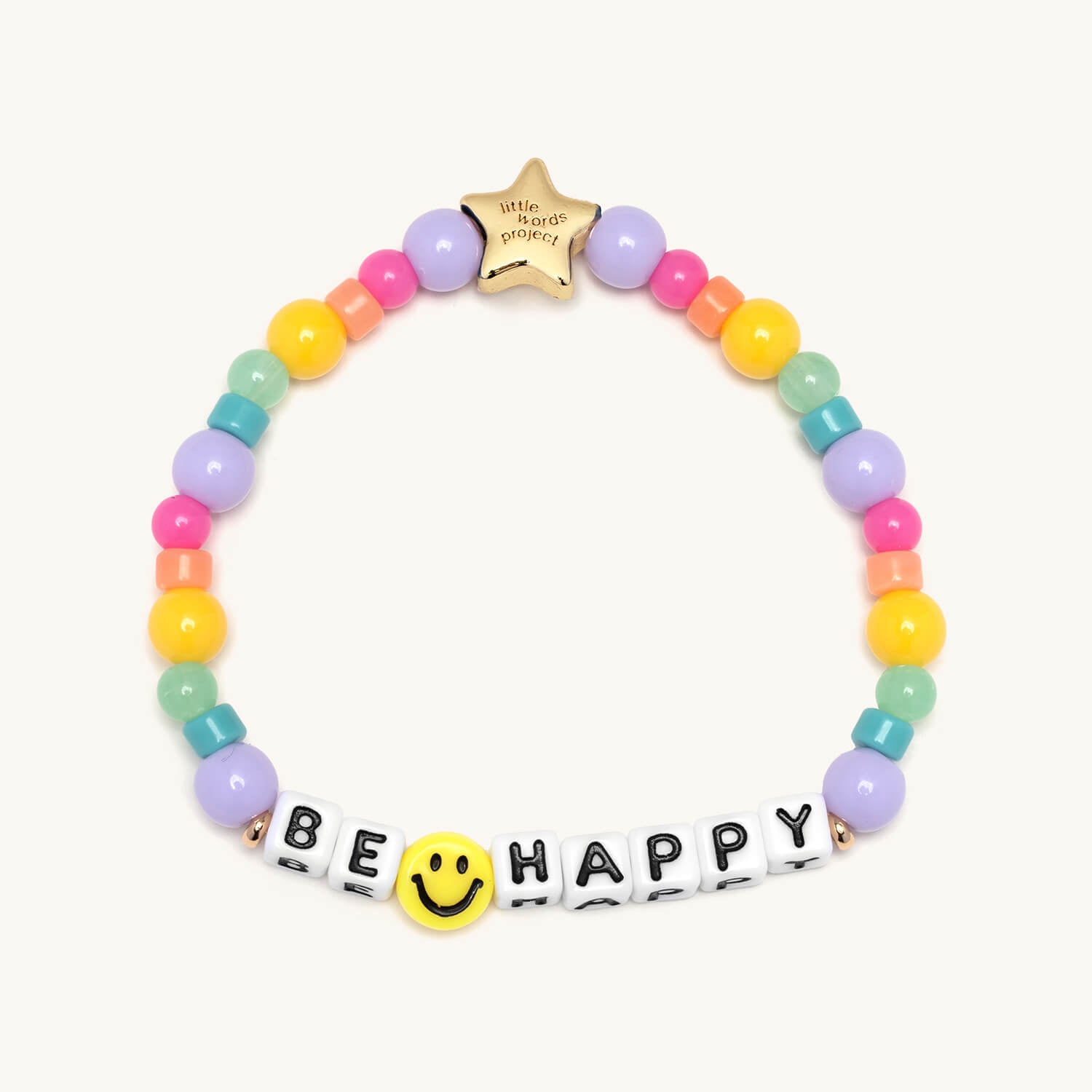 Colorful beaded bracelet with 'BE HAPPY' word on a white background
