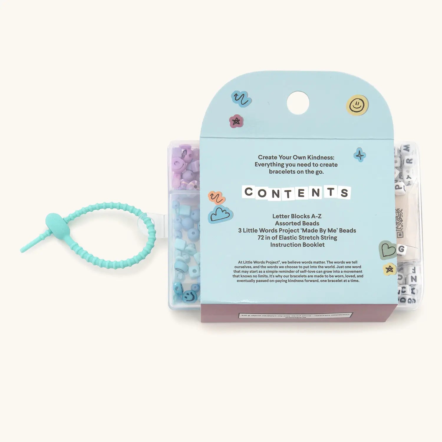 Bracelet-making kit with letter blocks, beads, and string on a white background
