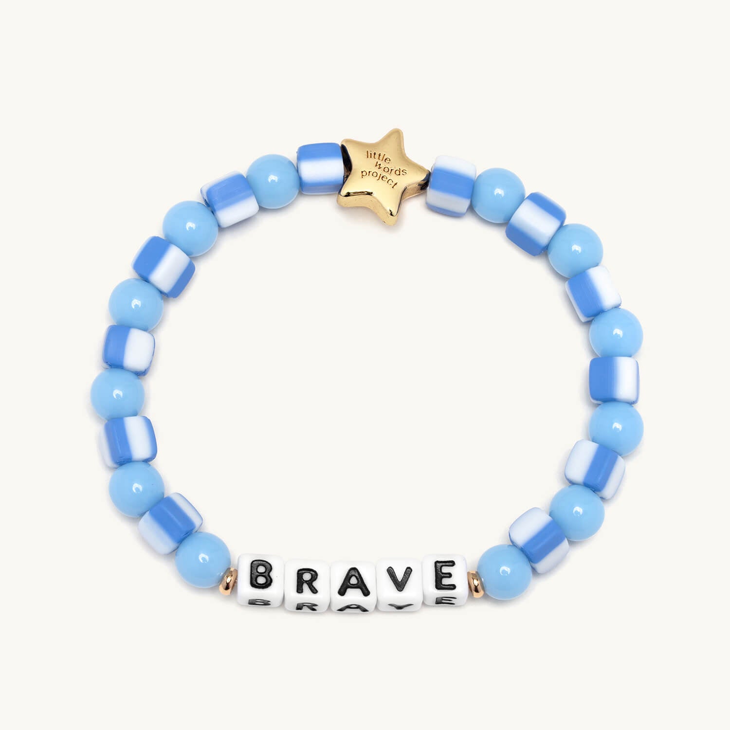 Blue beaded bracelet with 'BRAVE' word on a white background