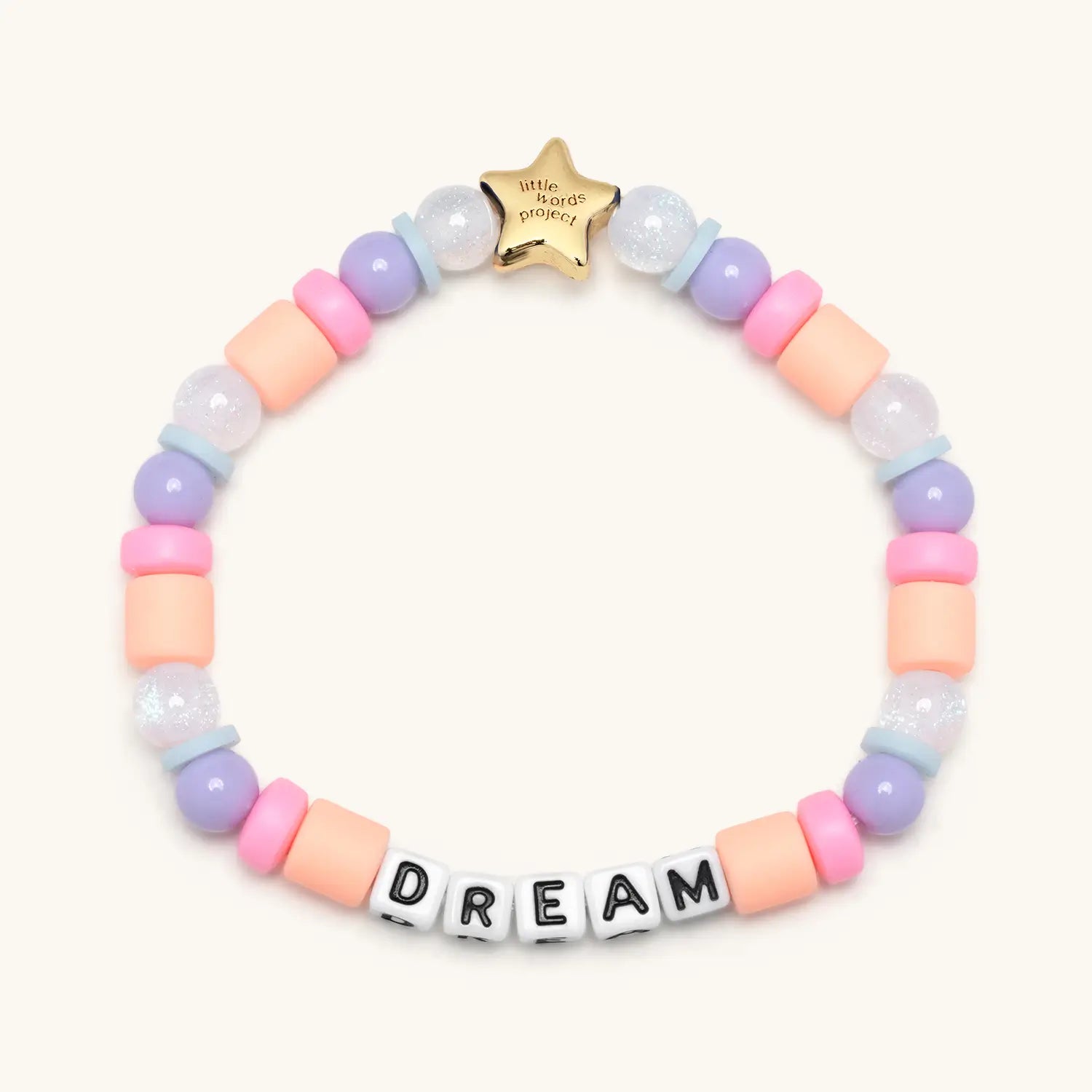 Colorful beaded bracelet with a gold star tag and 'DREAM' letter beads on a white background