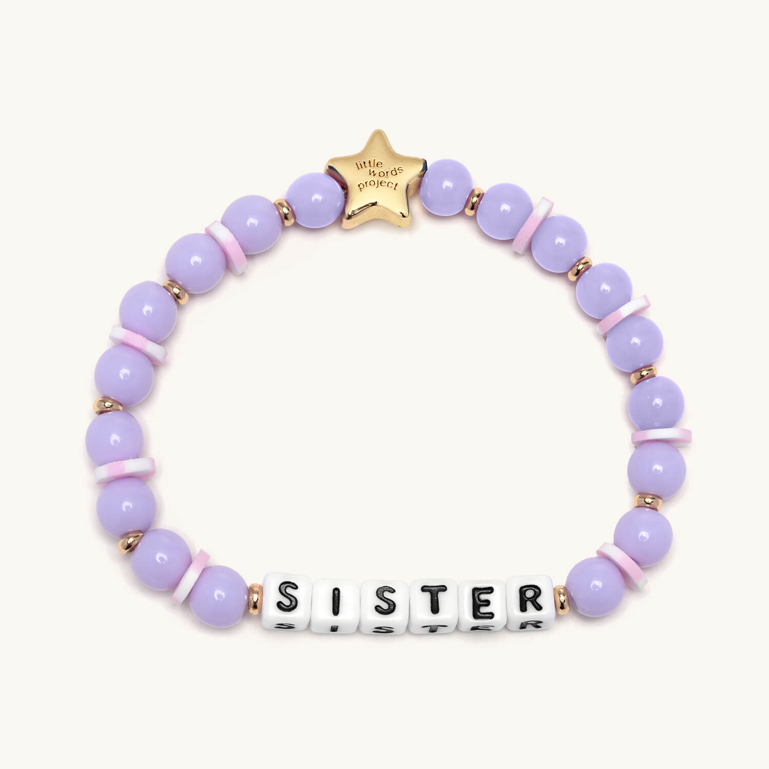 Purple beaded bracelet with 'SISTER' word on a white background