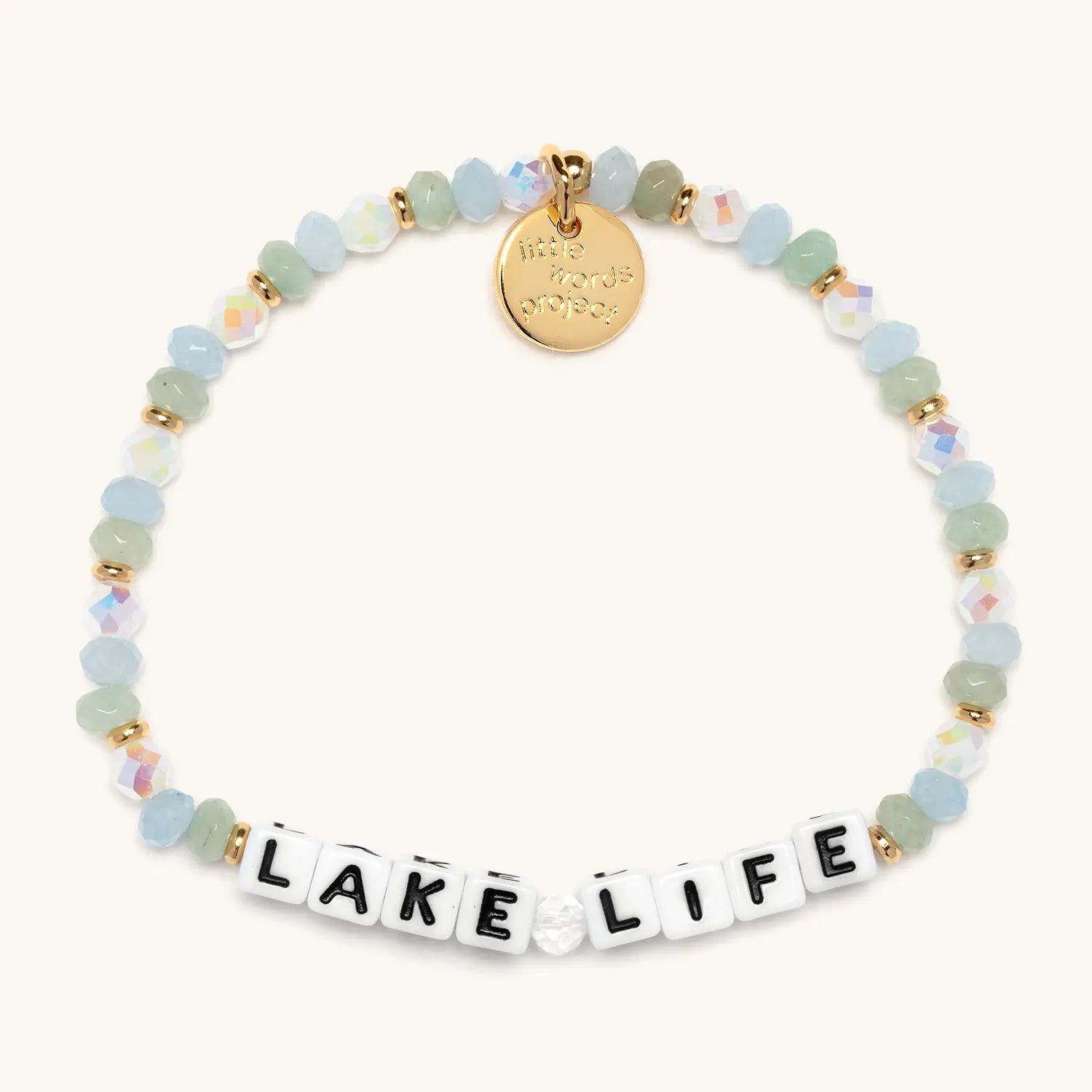 Multicolored beaded bracelet with 'Lake Life' on a white background