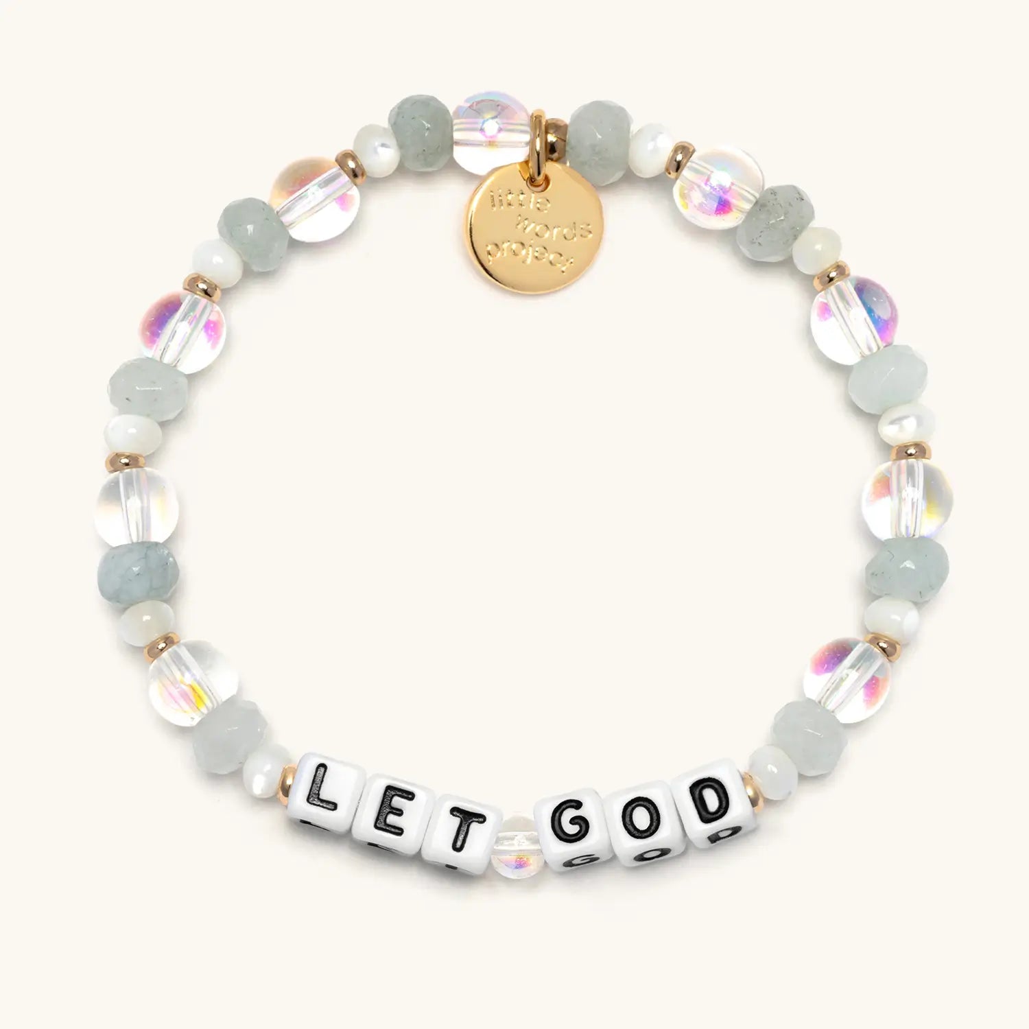 Beaded bracelet with 'LET GOD' message on a white background