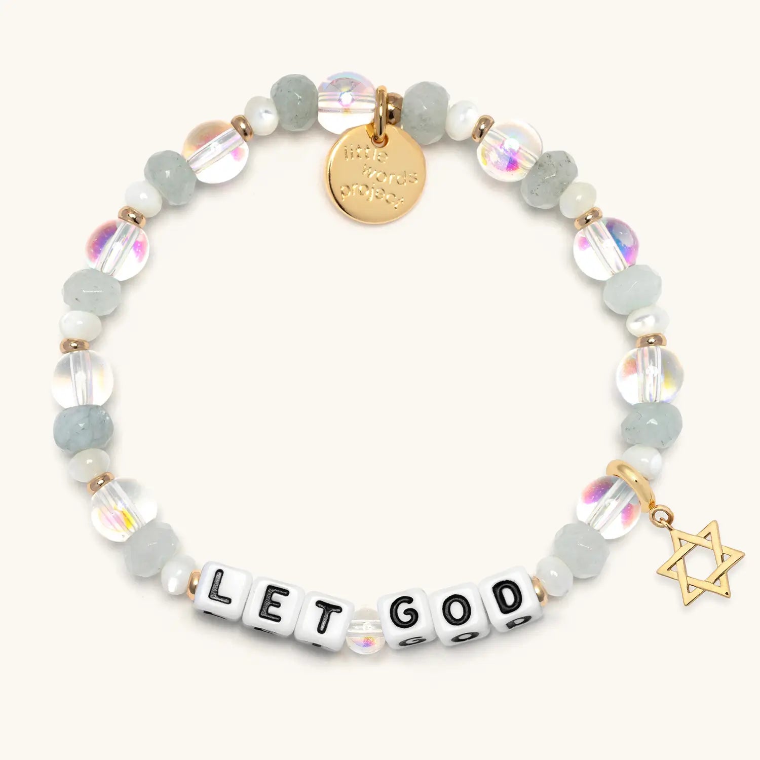 Beaded bracelet with 'LET GOD' on a white background