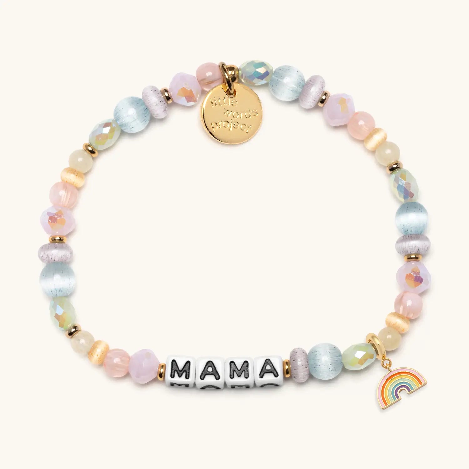 Colorful beaded bracelet with 'MAMA' and a rainbow charm on a white background