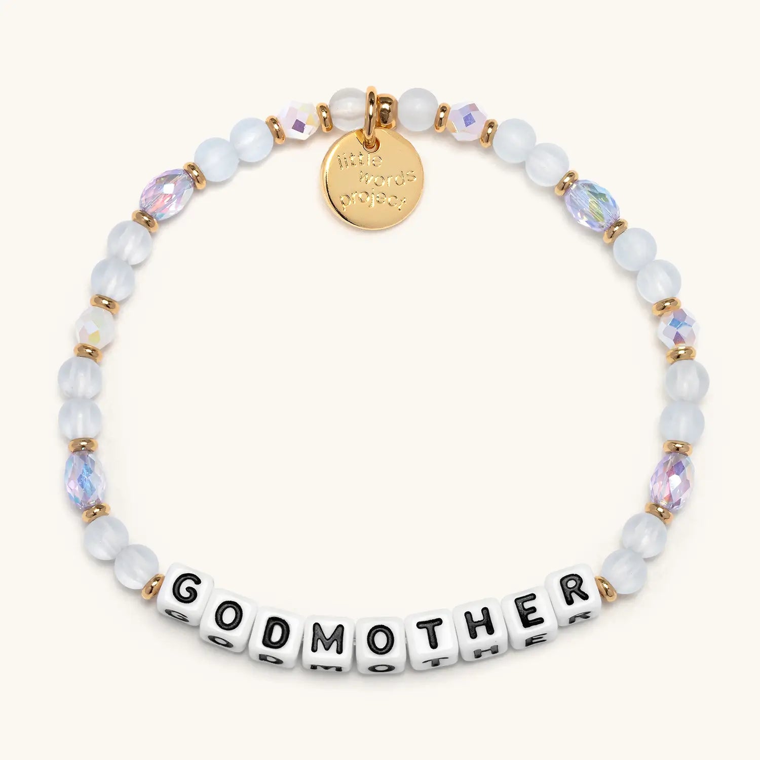 Bracelet with 'GODMOTHER' beads and gold accents on a white background