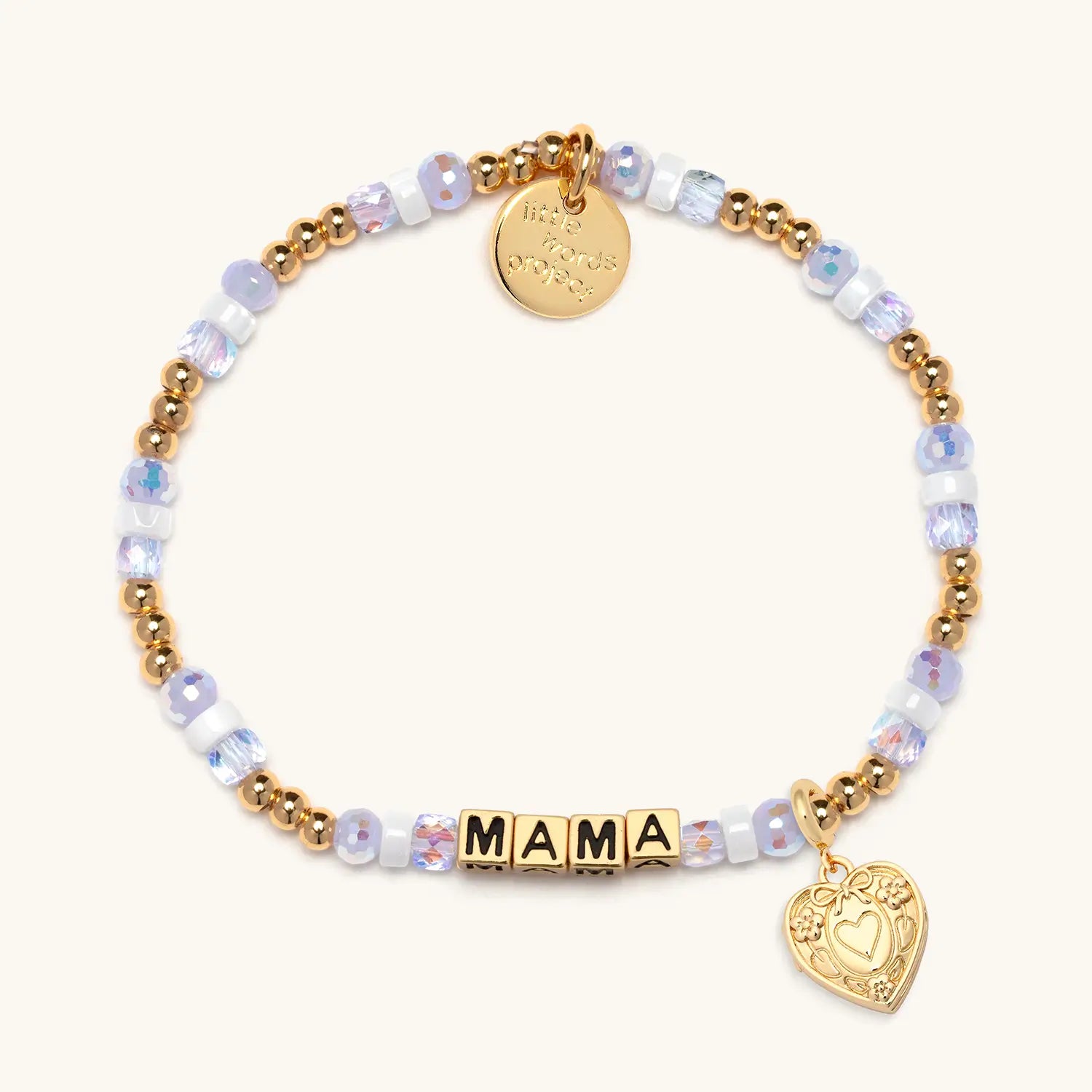 Bracelet with 'MAMA' and heart-shaped locket charm on a white background