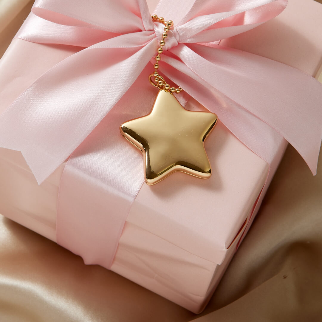 Gold star-shaped bag charm on a pink gift box with a bow